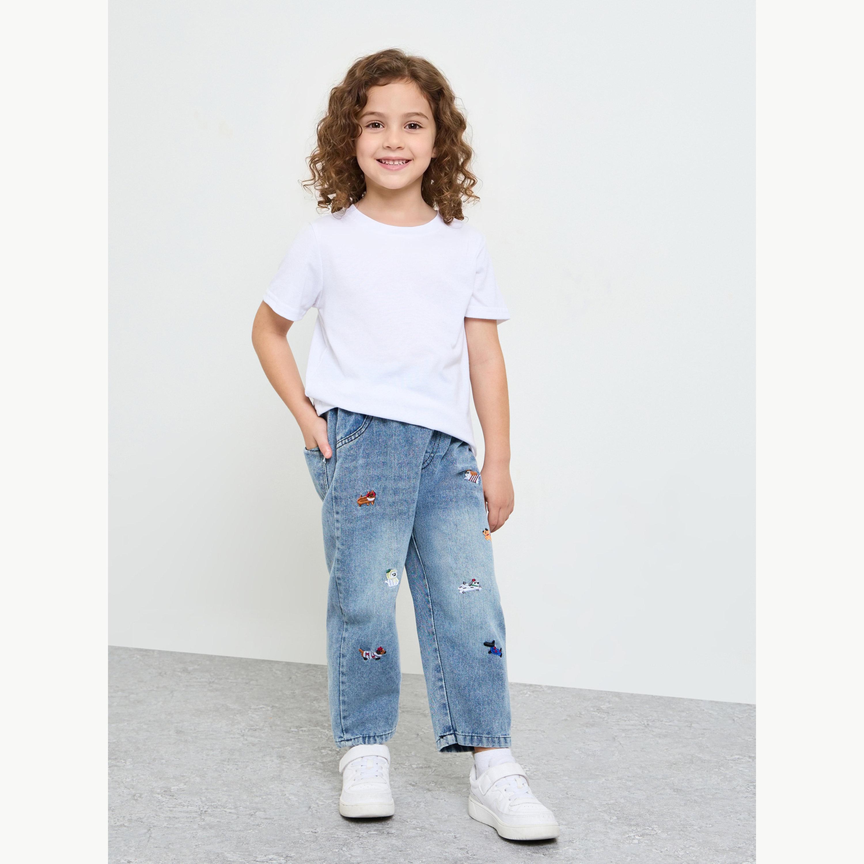 جينز باهت مع تطريز للبنات-girls-clothing-bottoms-jeansandjeggings-image-2