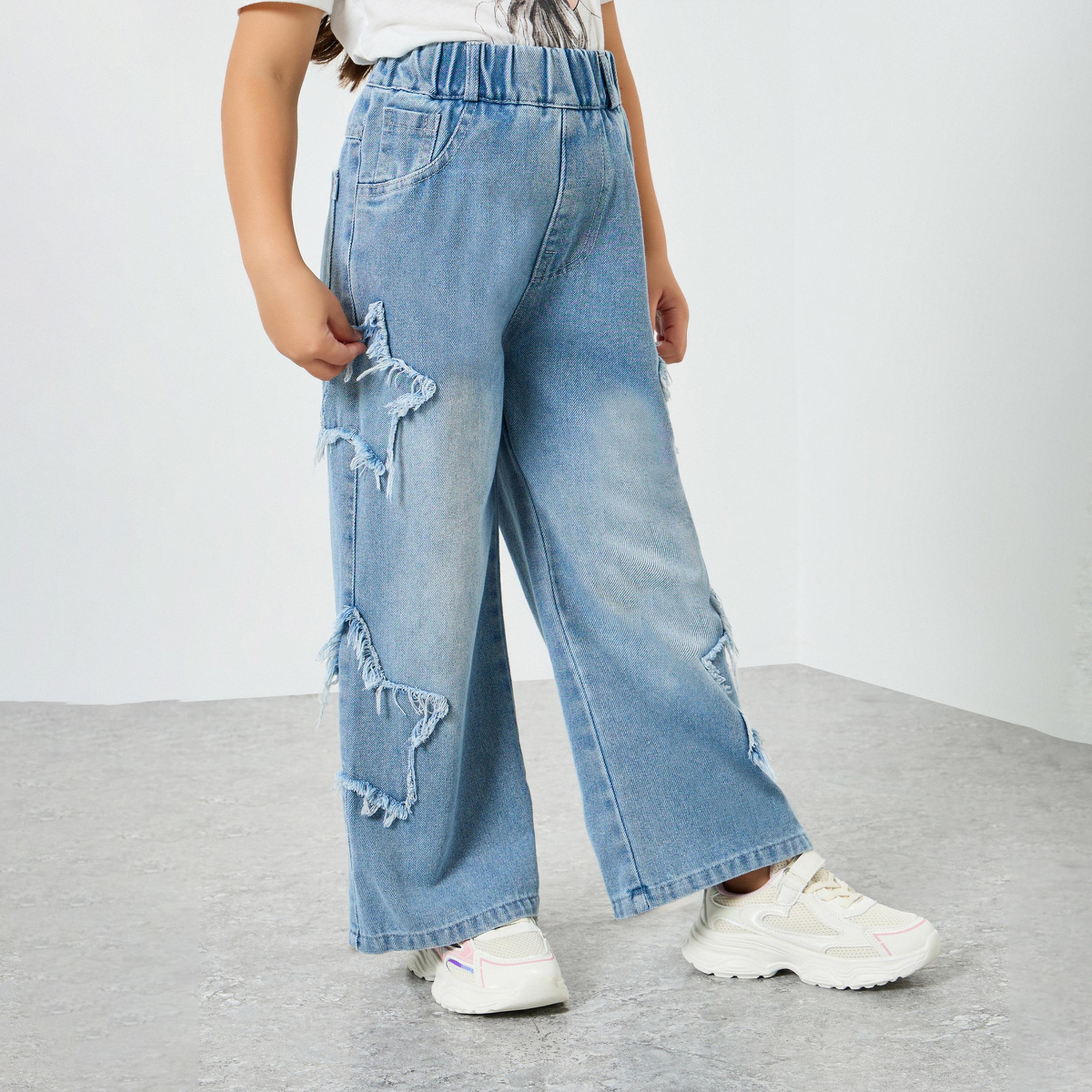Styli Girls Blue Wide Leg Jeans with Distressed Star Detail-girls-clothing-bottoms-jeansandjeggings-image-1