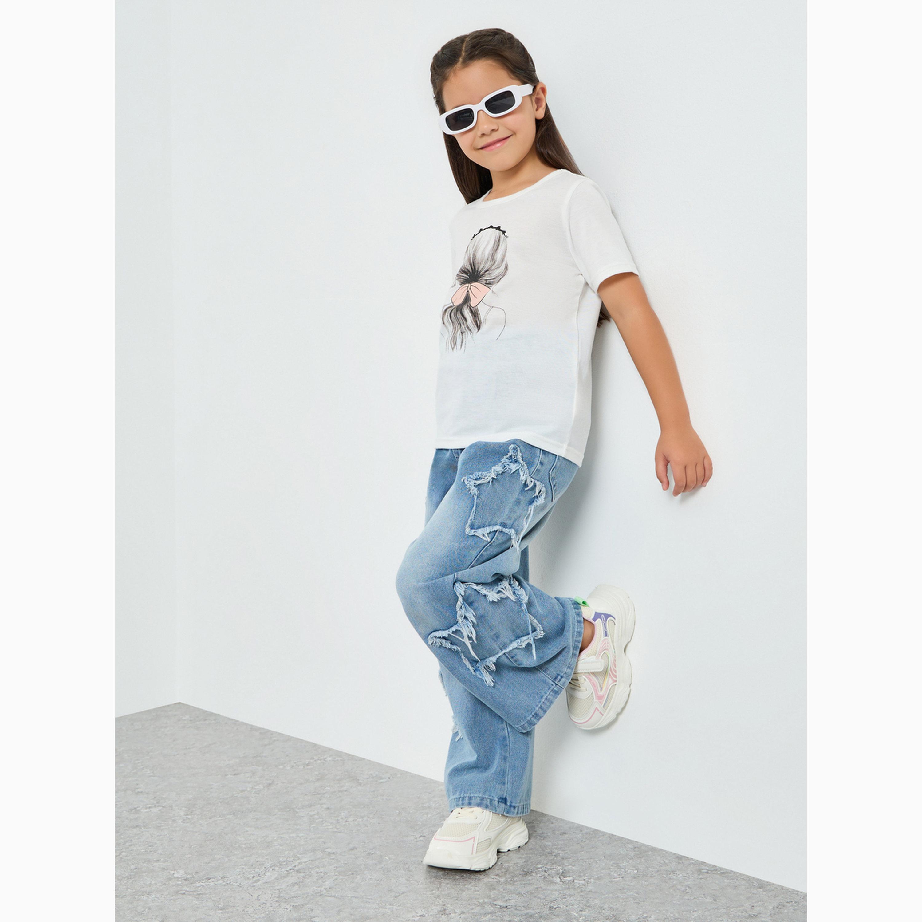 Styli Girls Blue Wide Leg Jeans with Distressed Star Detail-girls-clothing-bottoms-jeansandjeggings-image-2