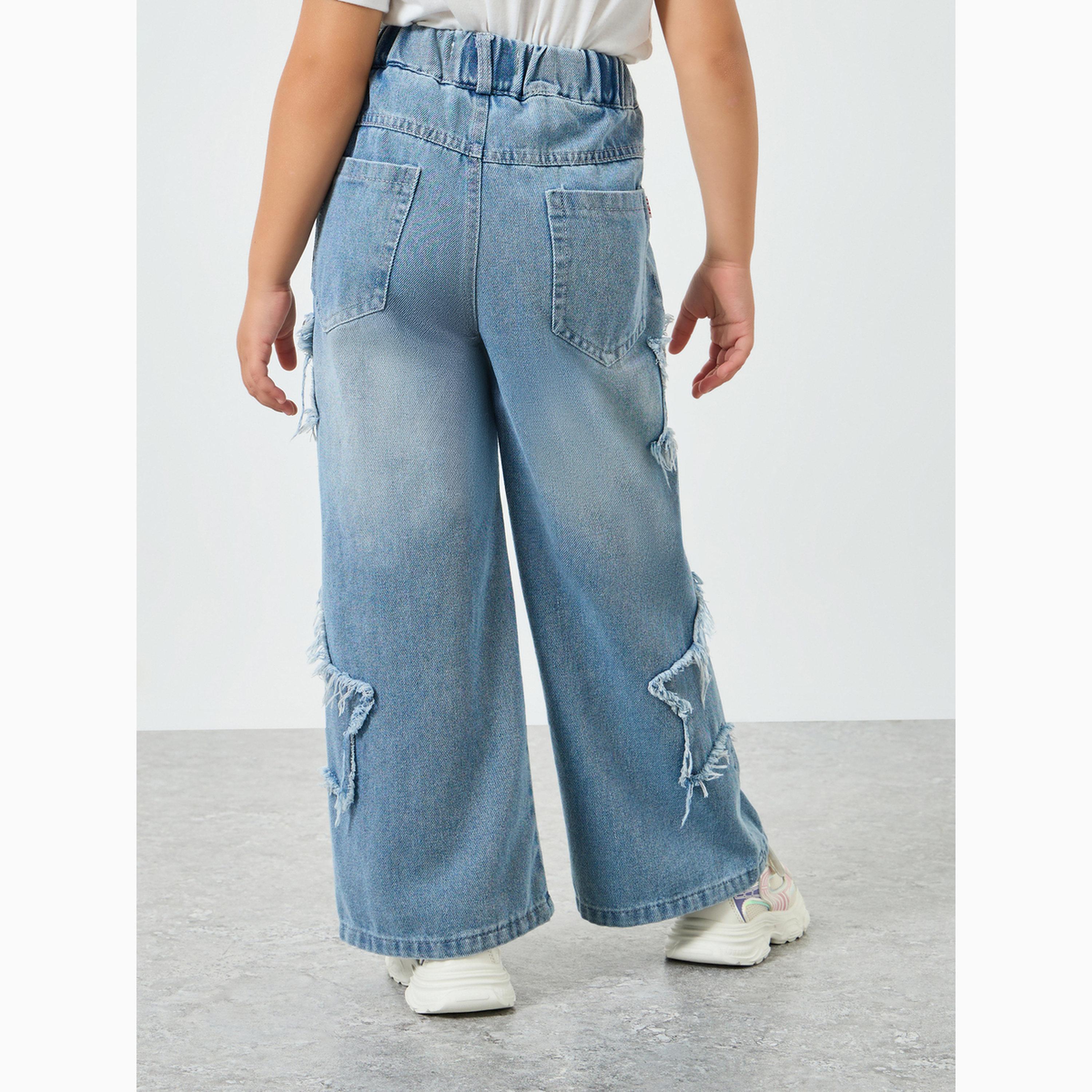 Styli Girls Blue Wide Leg Jeans with Distressed Star Detail-girls-clothing-bottoms-jeansandjeggings-image-5