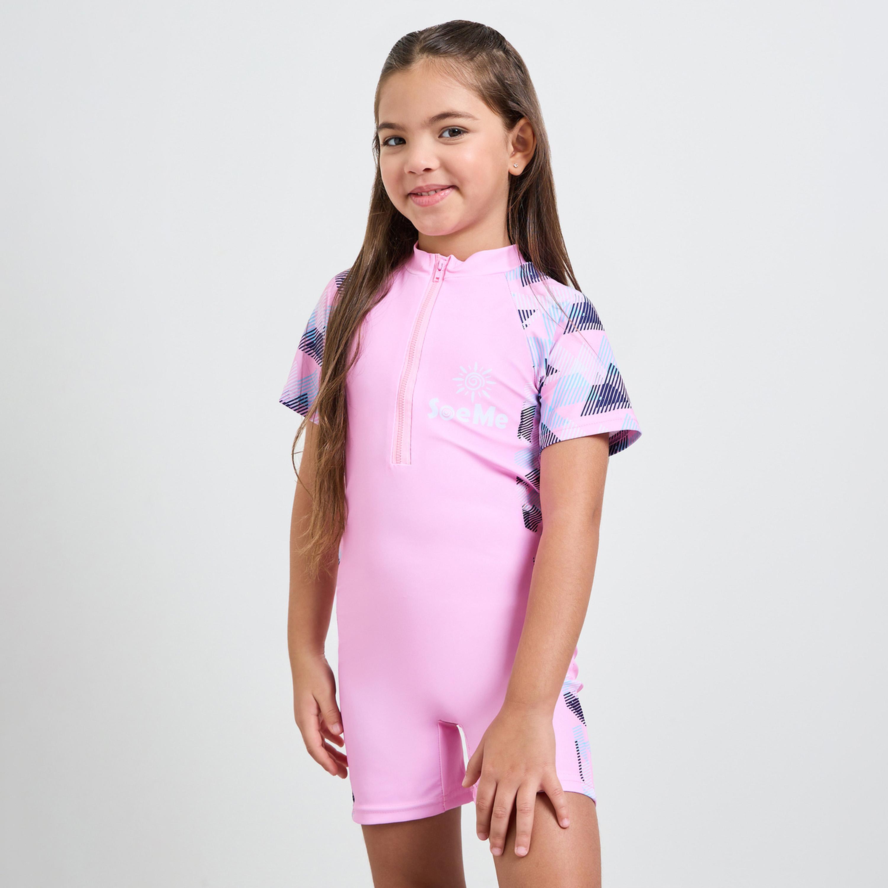 Styli Girls Side Panel Print Swimsuit with Quarter Zip-girls-clothing-swimwear-image-1