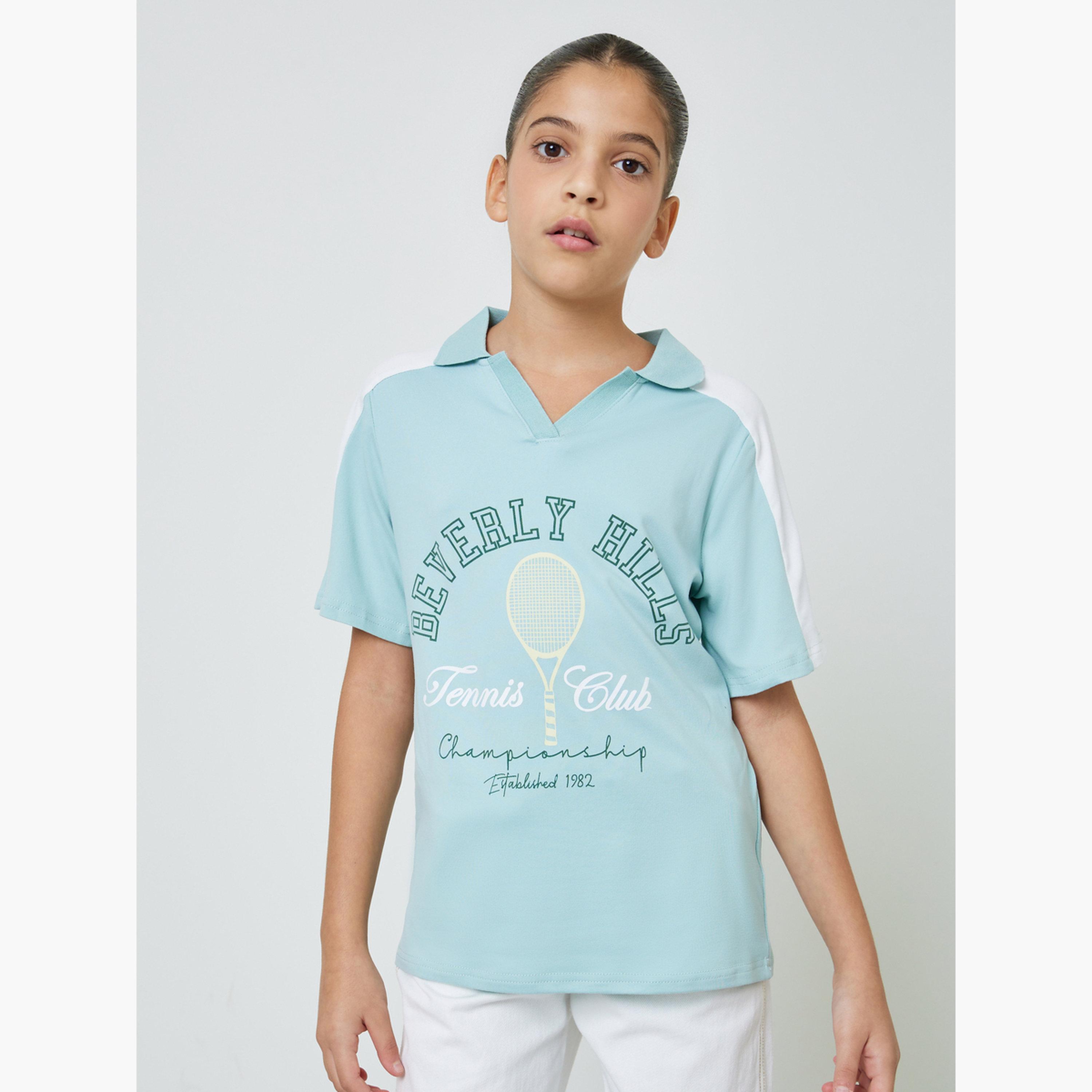 Styli Teen Girls Printed Contrast Panel Polo T-Shirt-sports-girls-clothing-tops-image-1