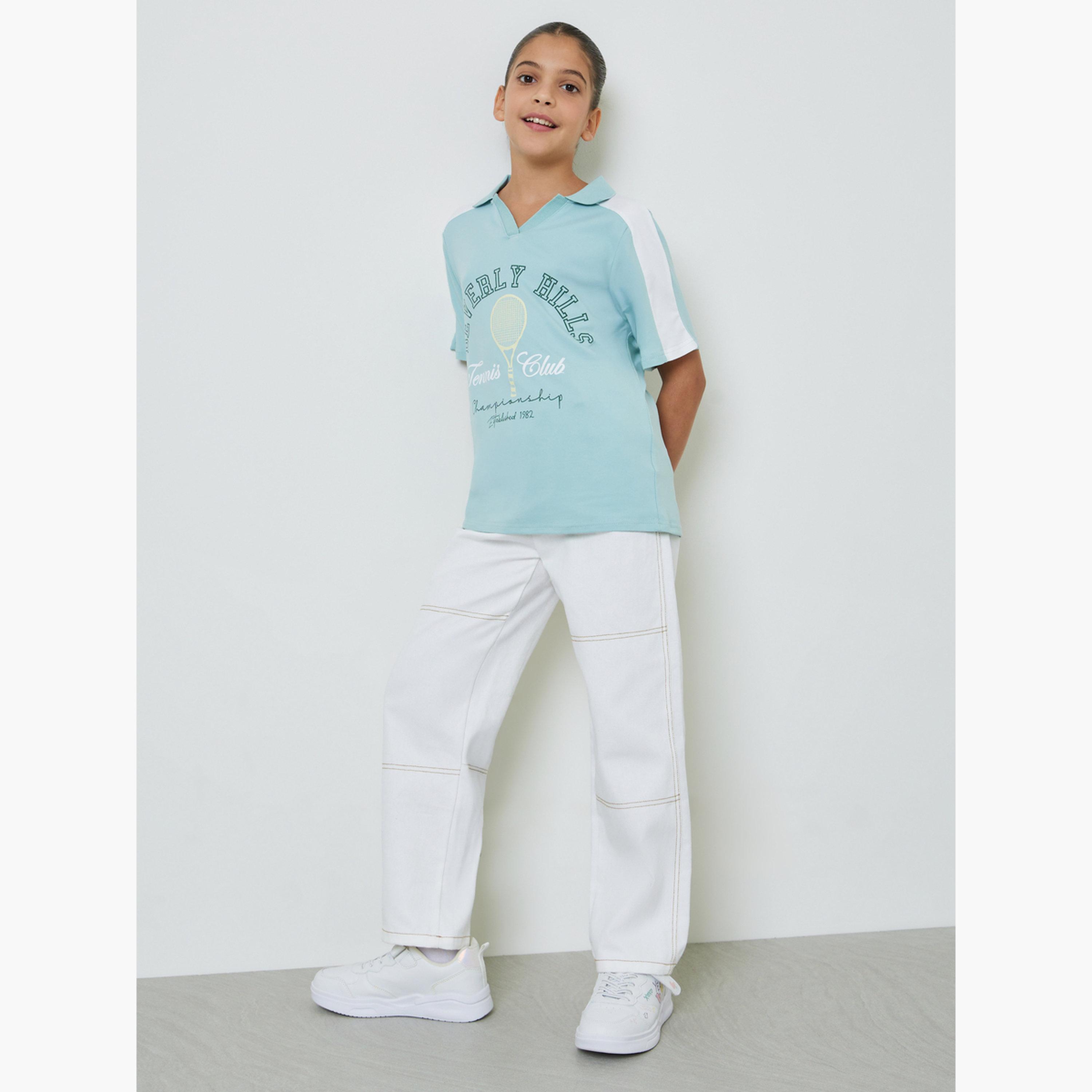 Styli Teen Girls Printed Contrast Panel Polo T-Shirt-sports-girls-clothing-tops-image-2