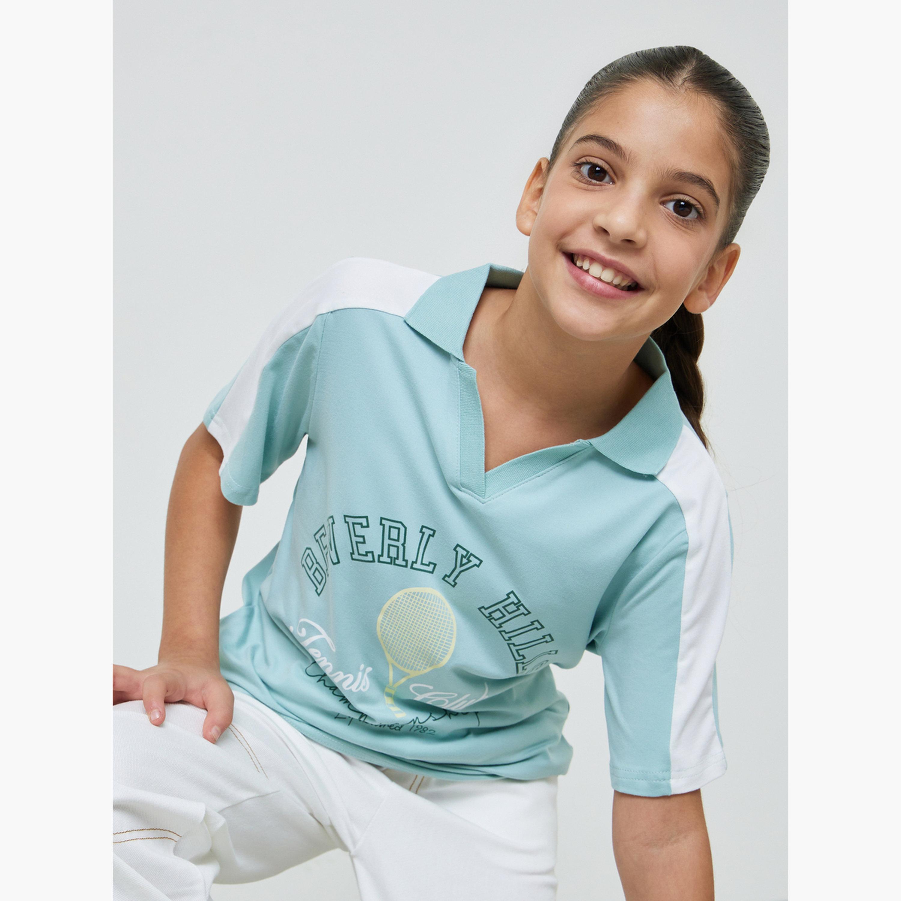 Styli Teen Girls Printed Contrast Panel Polo T-Shirt-sports-girls-clothing-tops-image-3