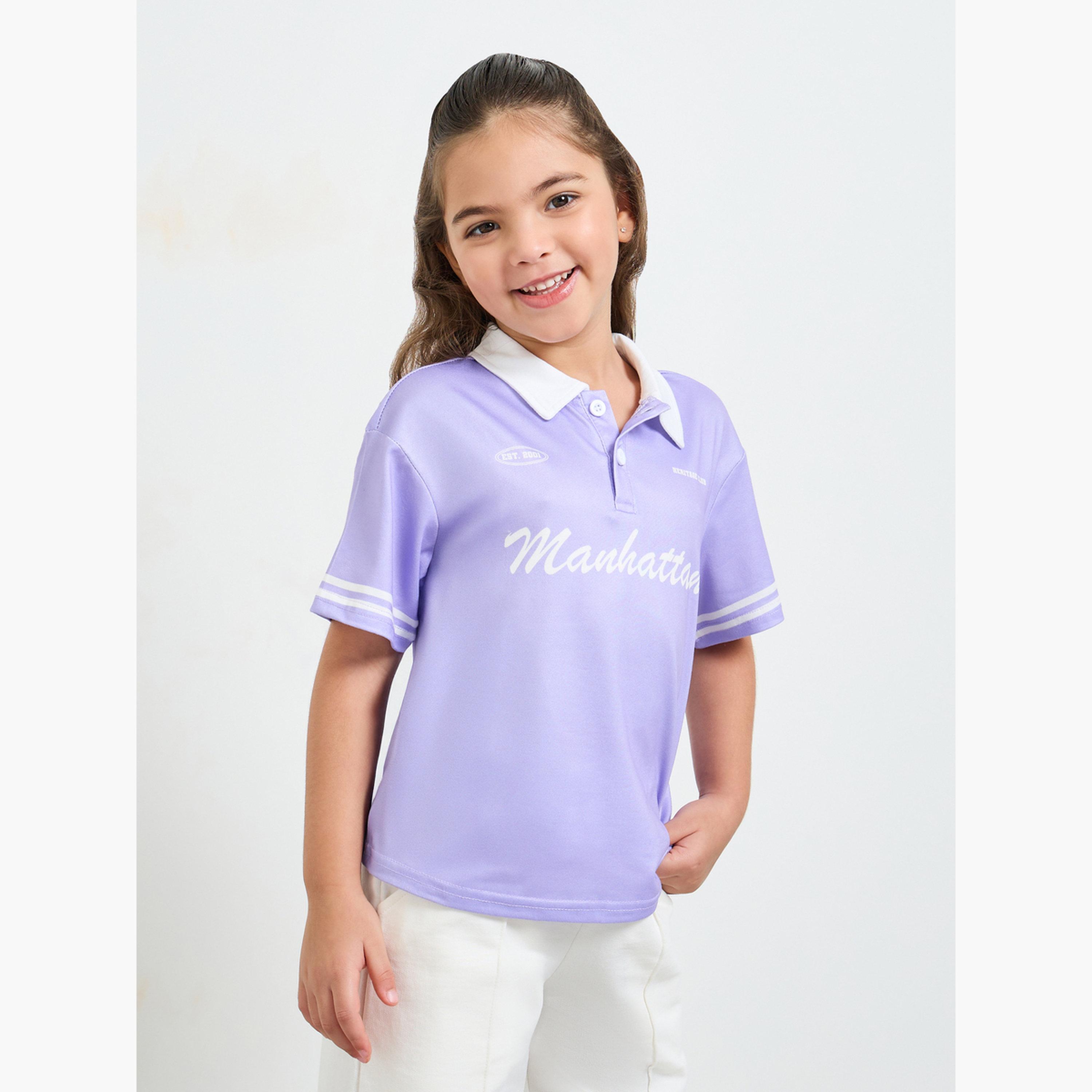 Styli Girls Text Print Short Sleeve Polo T-Shirt-sports-girls-clothing-tops-image-1