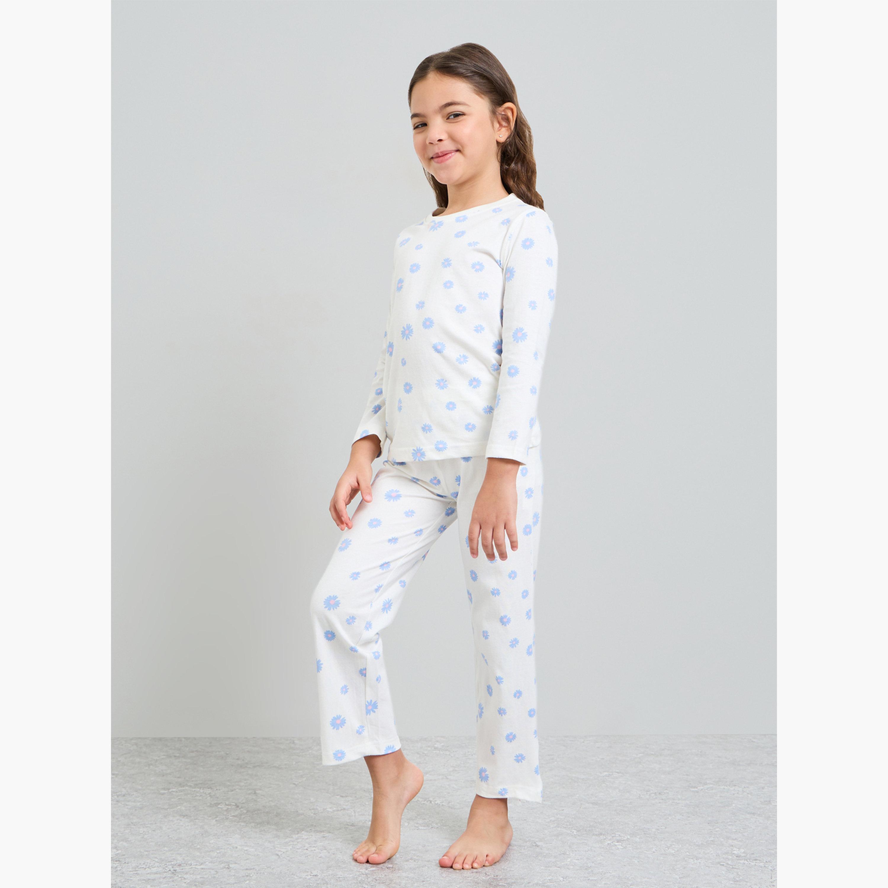 طقم بيجاما من بنطال وتيشيرت بأكمام طويلة وطبعة للبنات-girls-clothing-nightwear-image-1