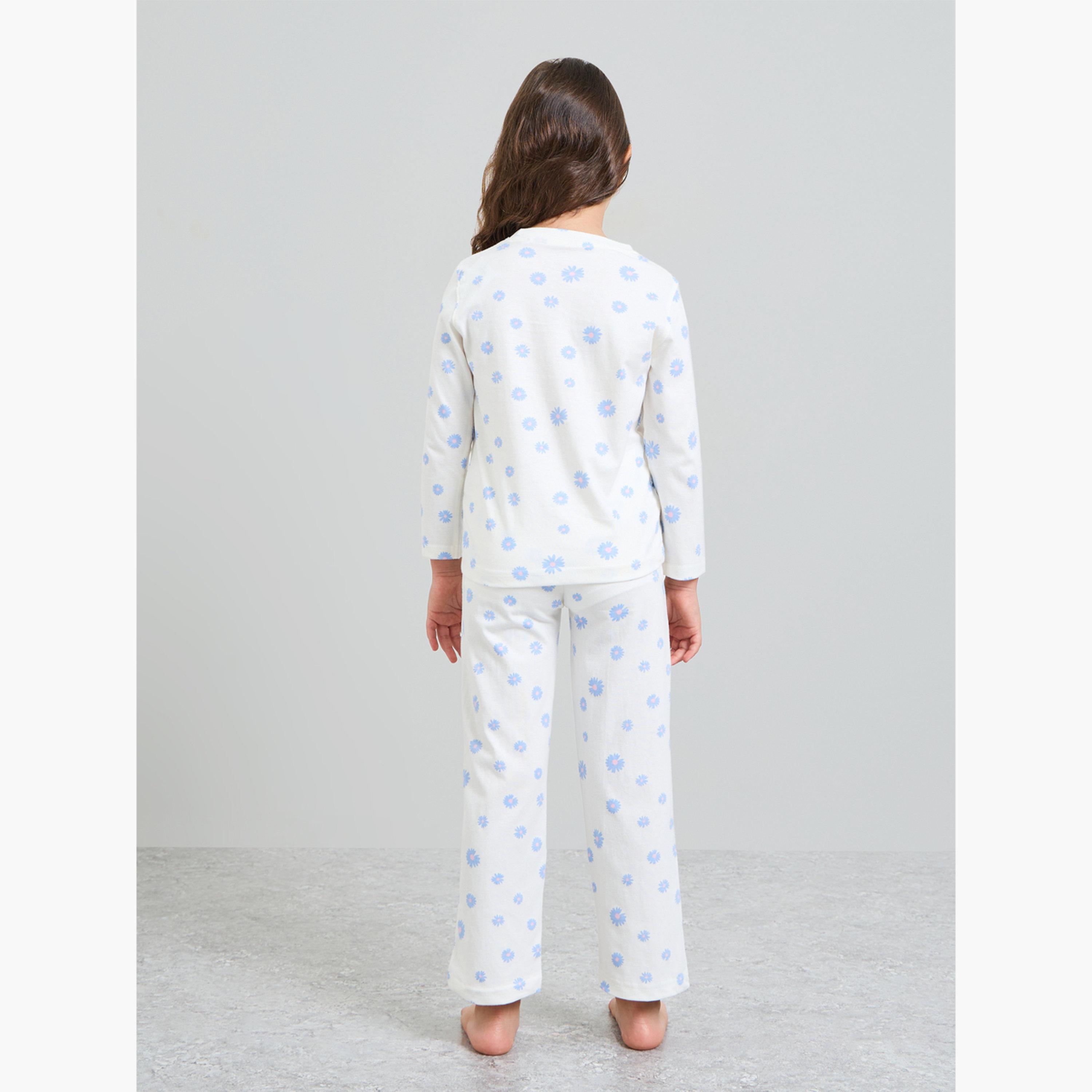 طقم بيجاما من بنطال وتيشيرت بأكمام طويلة وطبعة للبنات-girls-clothing-nightwear-image-4