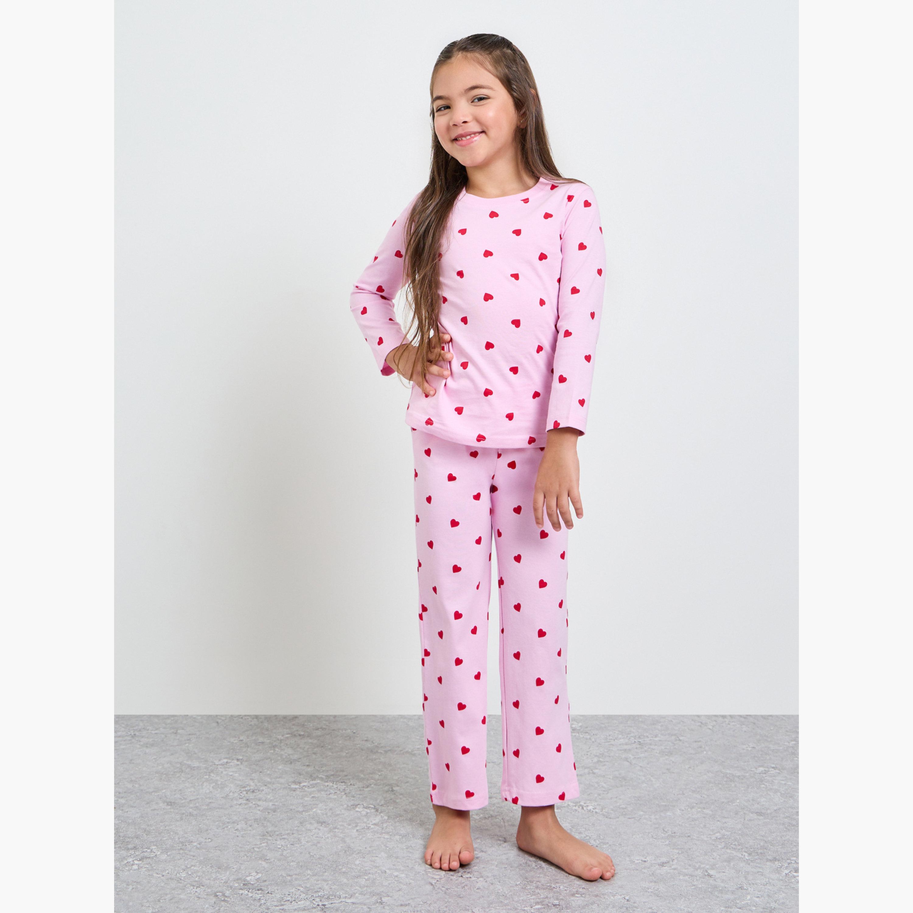 Styli Girls Cotton Heart Print T-Shirt and Pyjama Set-girls-clothing-nightwear-image-1