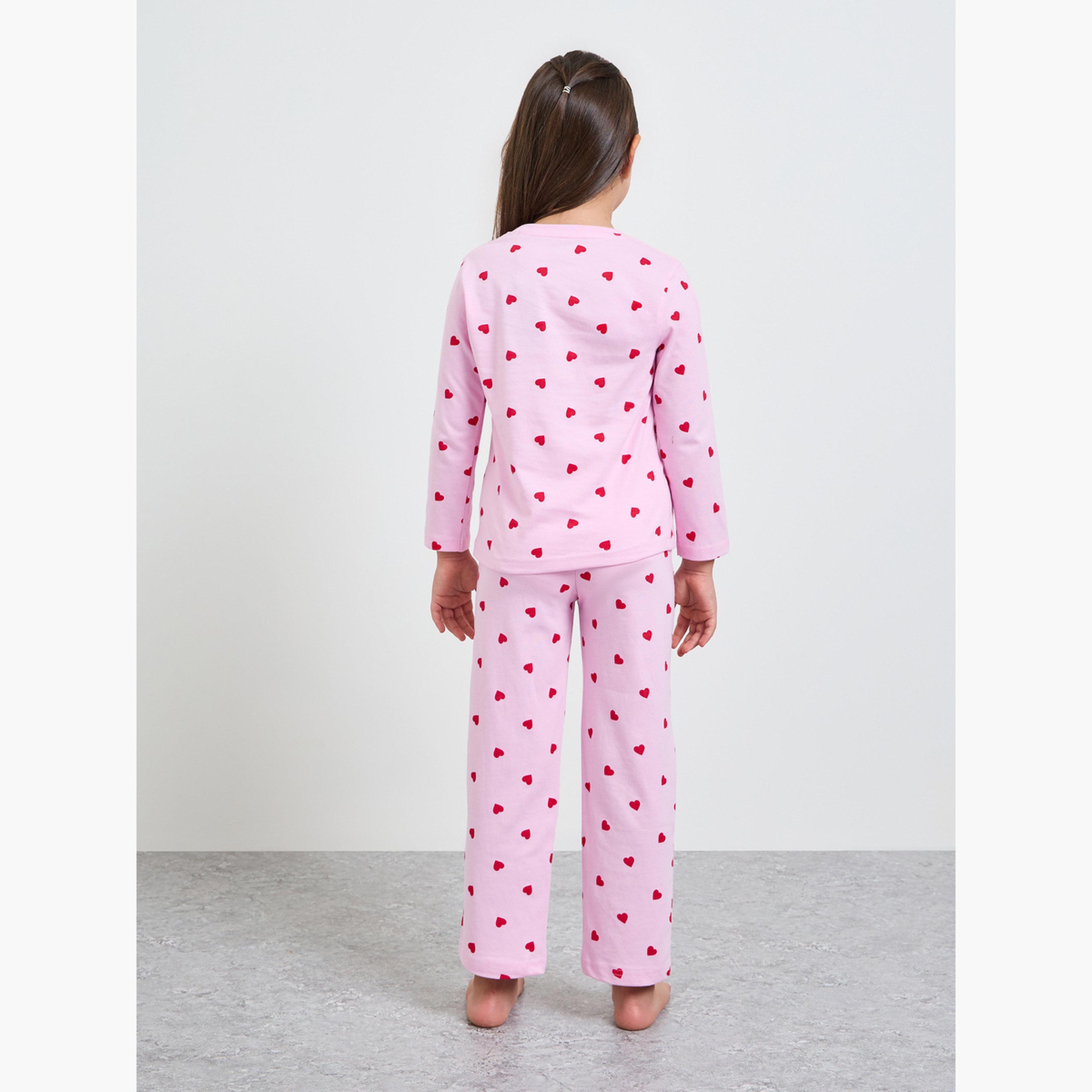 طقم بيجاما من بنطال وتيشيرت قطن بطبعة قلوب للبنات-girls-clothing-nightwear-image-3