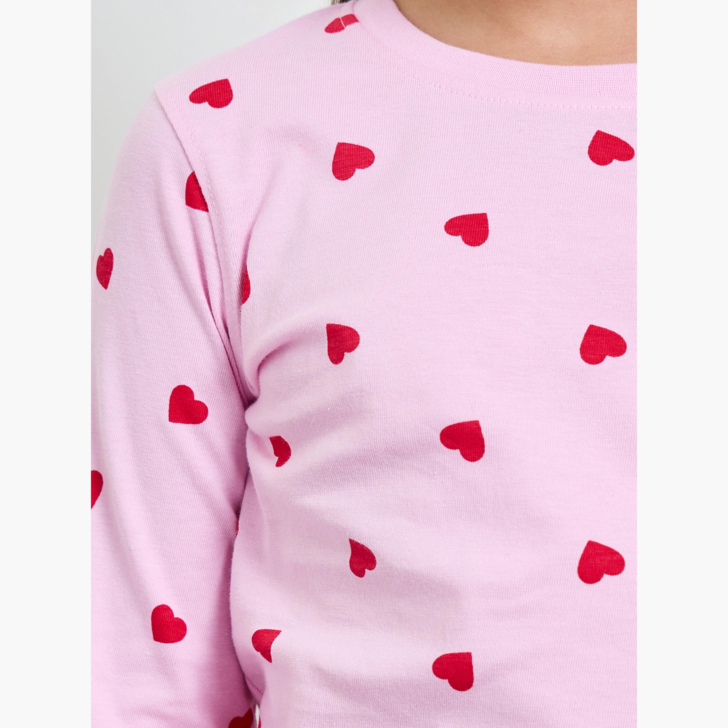 طقم بيجاما من بنطال وتيشيرت قطن بطبعة قلوب للبنات-girls-clothing-nightwear-image-5