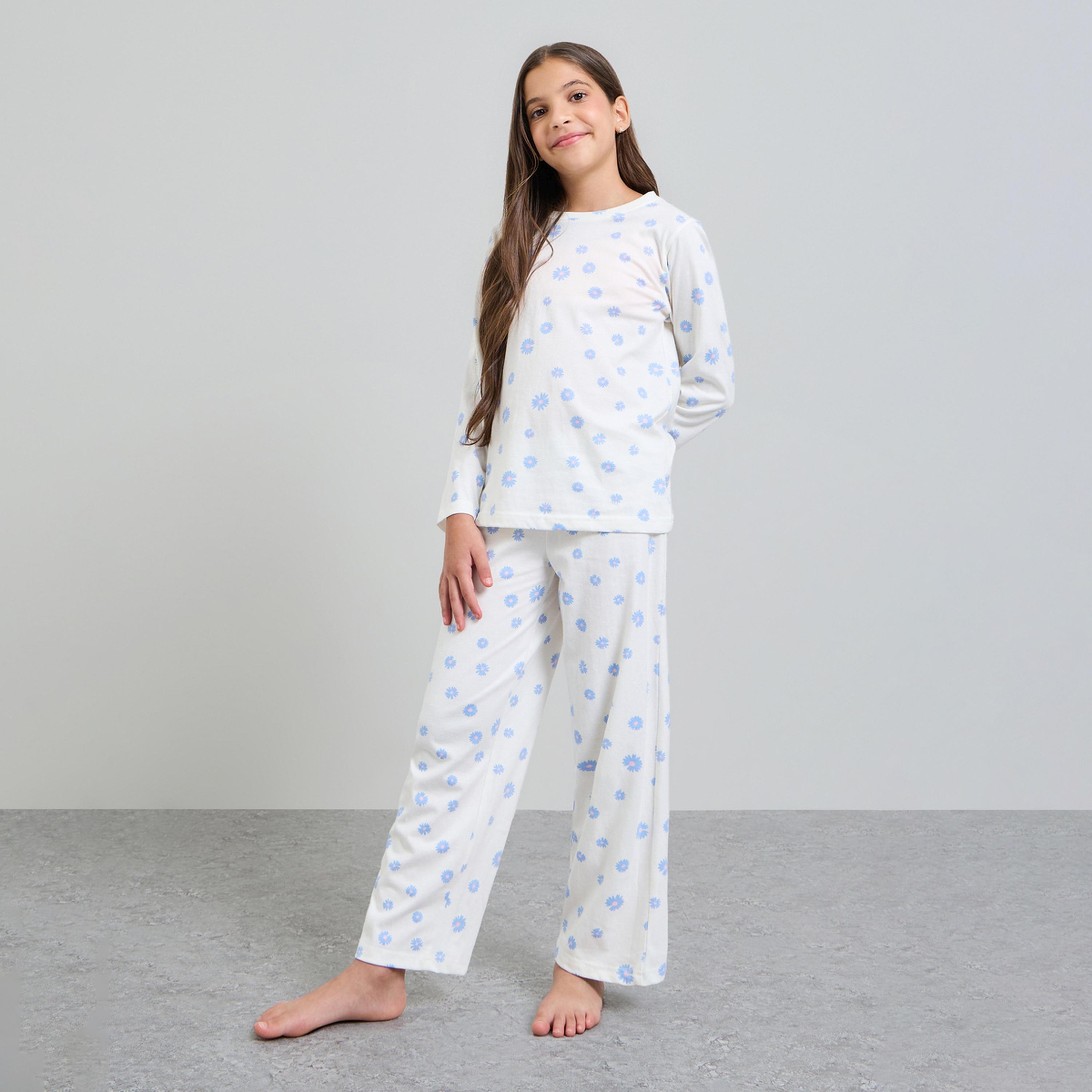 طقم بيجاما من بنطال وتيشيرت قطن بأكمام طويلة للبنات-girls-clothing-nightwear-image-1
