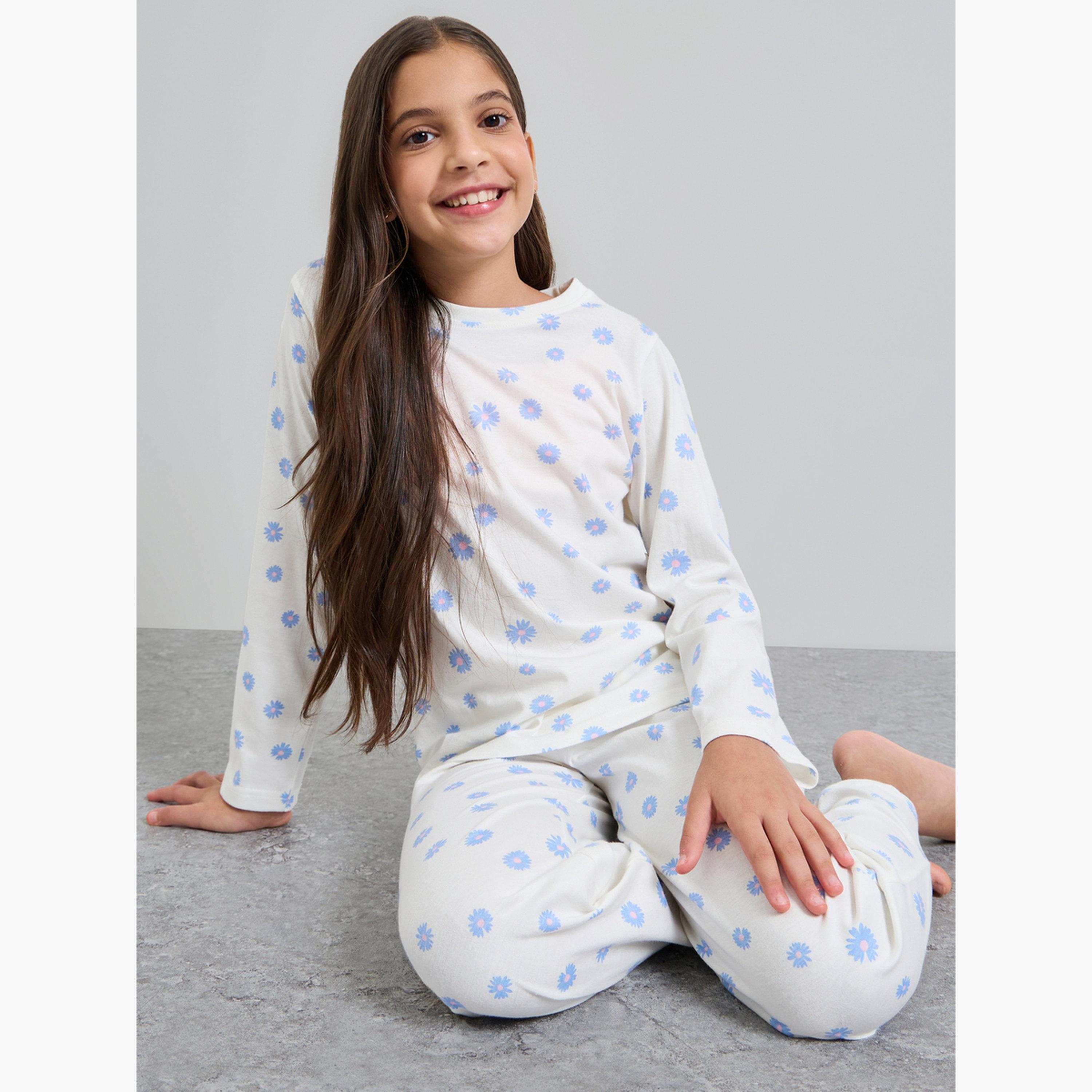 طقم بيجاما من بنطال وتيشيرت قطن بأكمام طويلة للبنات-girls-clothing-nightwear-image-2