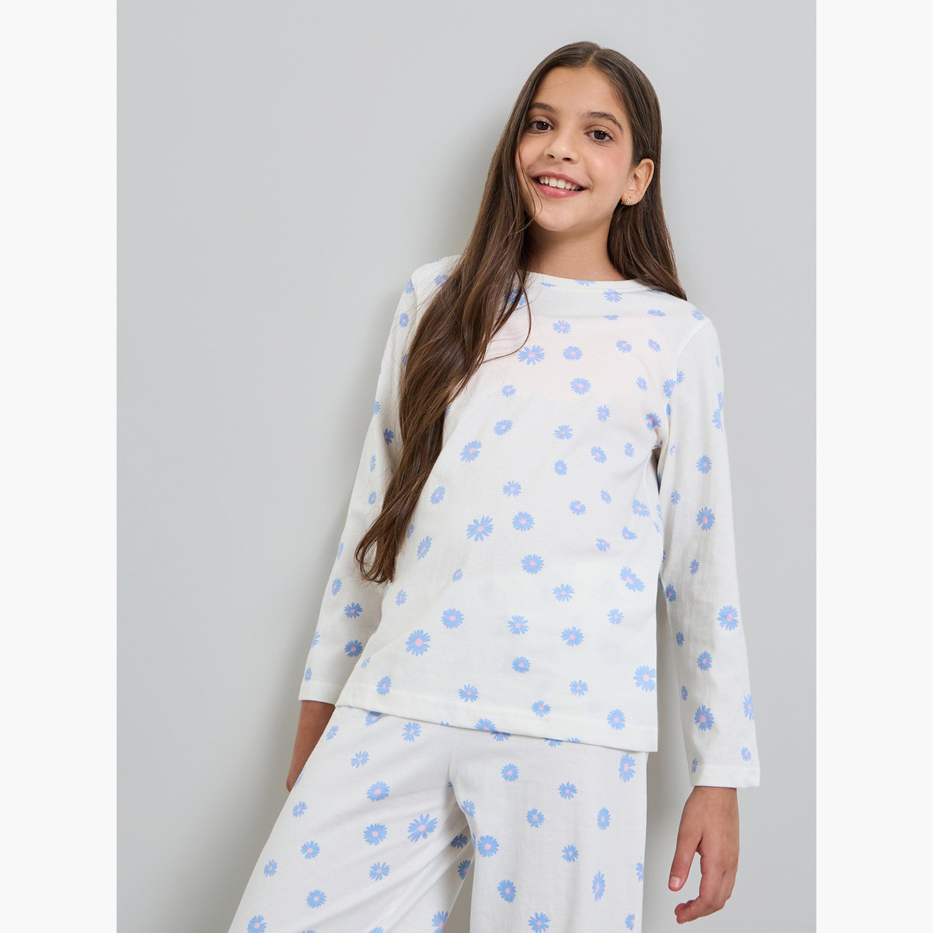طقم بيجاما من بنطال وتيشيرت قطن بأكمام طويلة للبنات-girls-clothing-nightwear-image-3