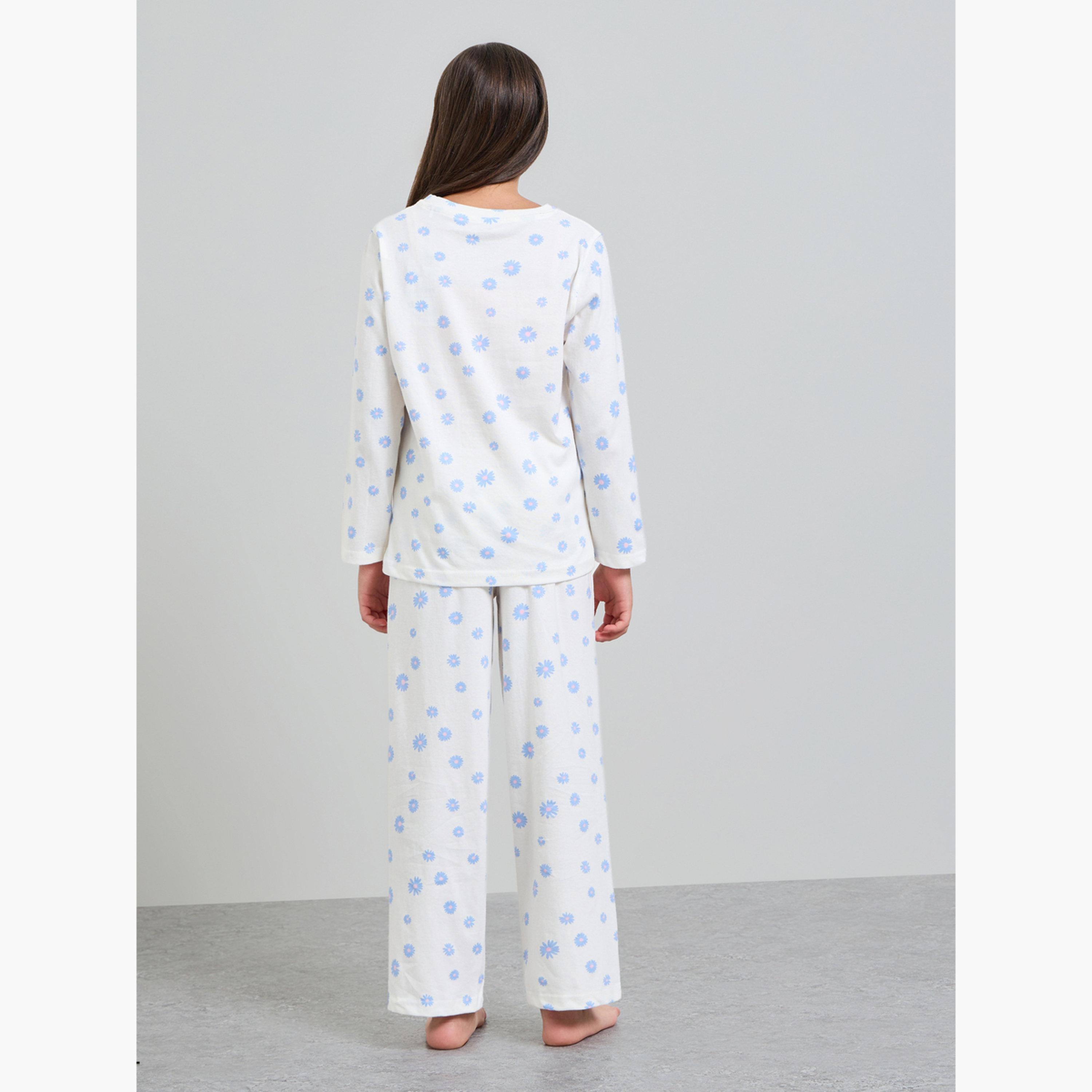 طقم بيجاما من بنطال وتيشيرت قطن بأكمام طويلة للبنات-girls-clothing-nightwear-image-4