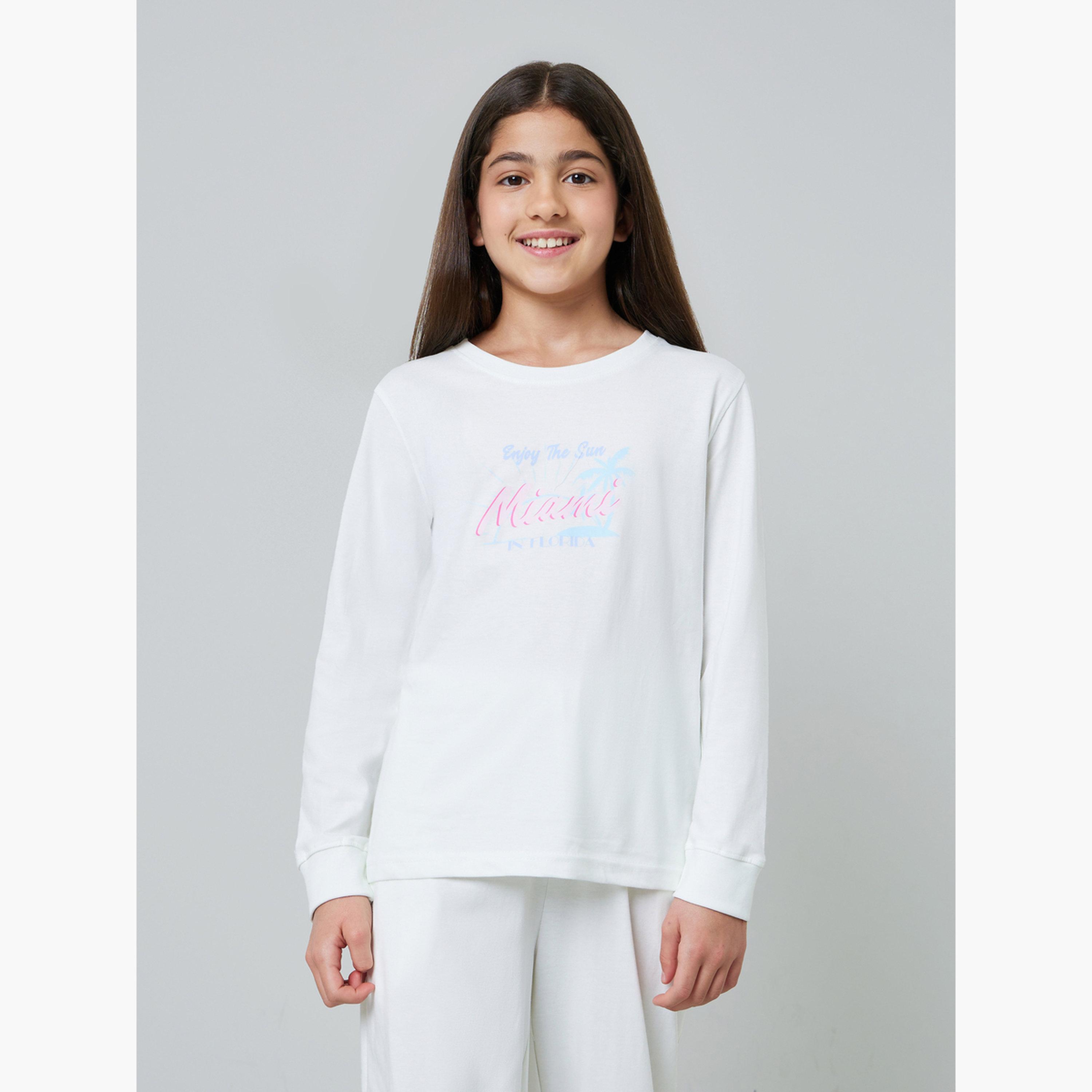 ستايلي - طقم بيجاما قطني بأكمام طويلة باللون الأبيض الفاتح للبنات المراهقات-girls-clothing-nightwear-image-2