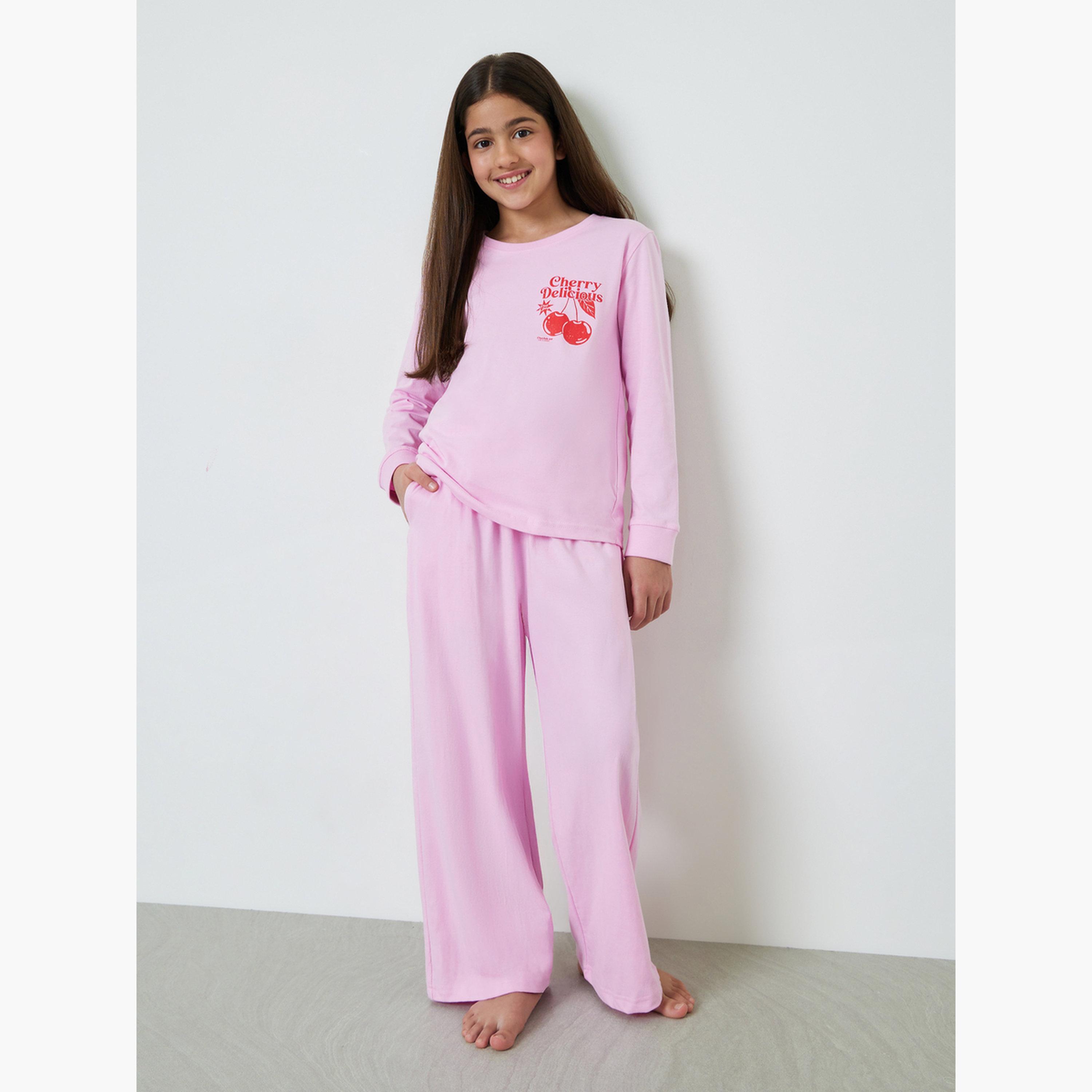 Styli Teen Girls Pink Cotton Cherry Print Wide Leg Pyjama Set-girls-clothing-nightwear-image-1