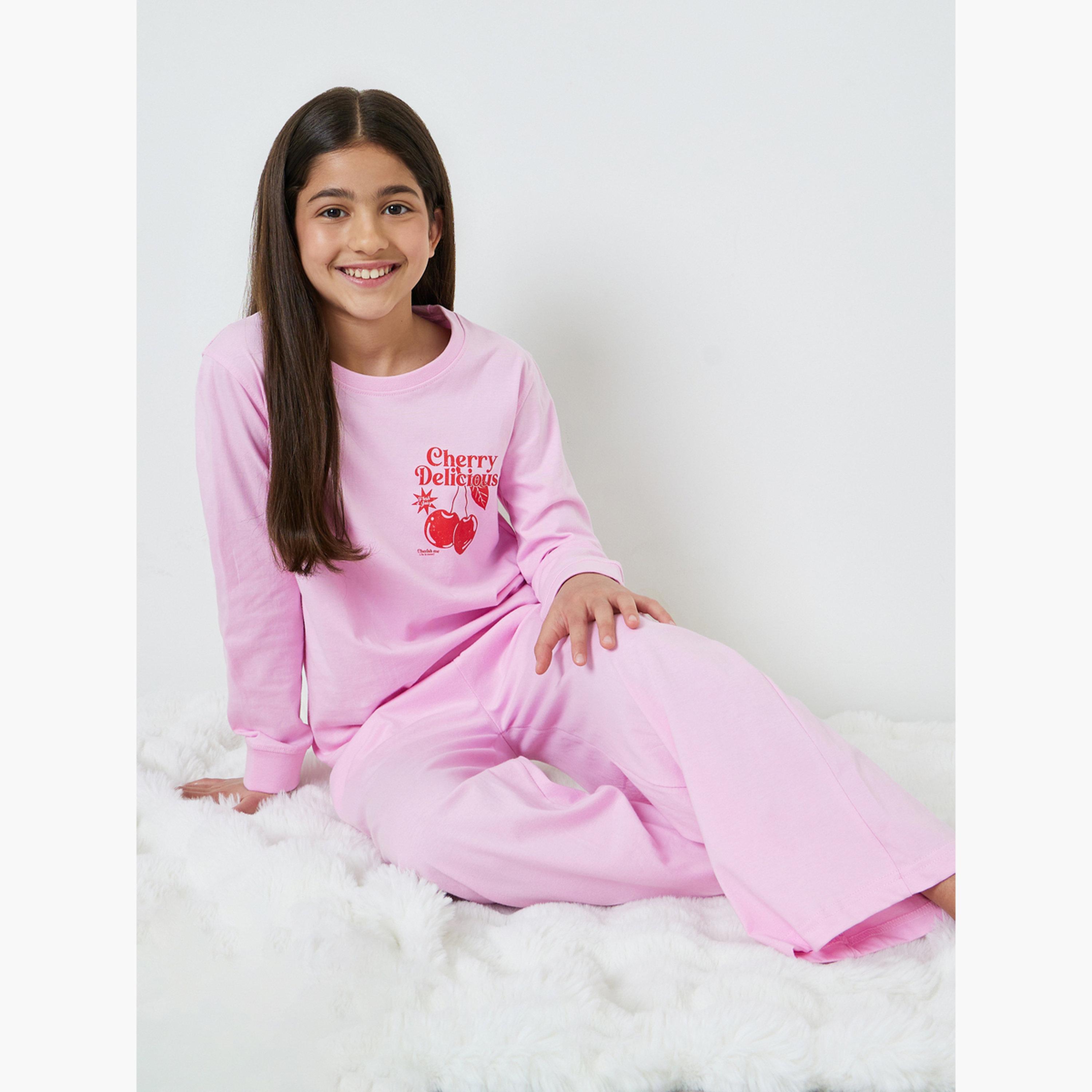 Styli Teen Girls Pink Cotton Cherry Print Wide Leg Pyjama Set-girls-clothing-nightwear-image-2