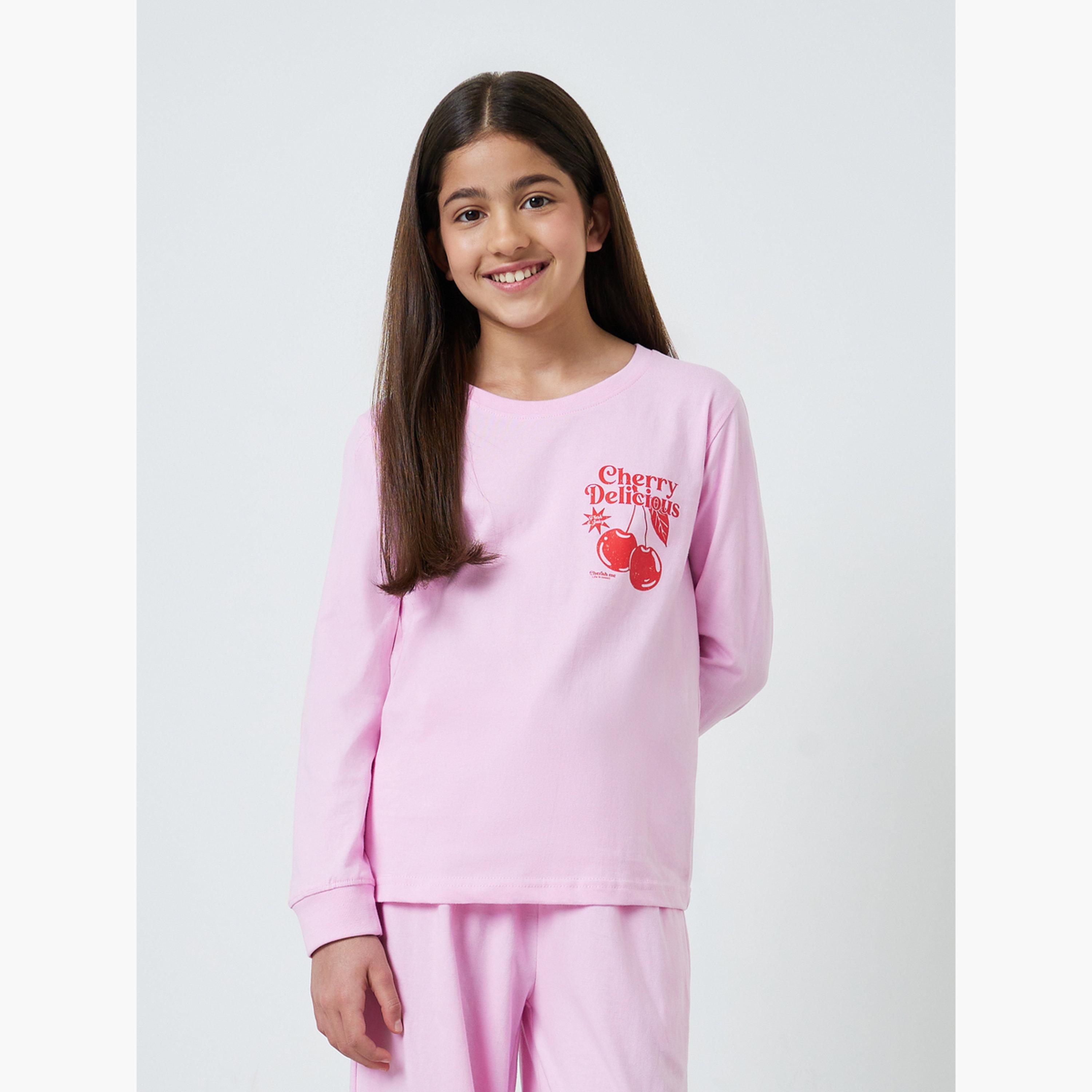 Styli Teen Girls Pink Cotton Cherry Print Wide Leg Pyjama Set-girls-clothing-nightwear-image-3