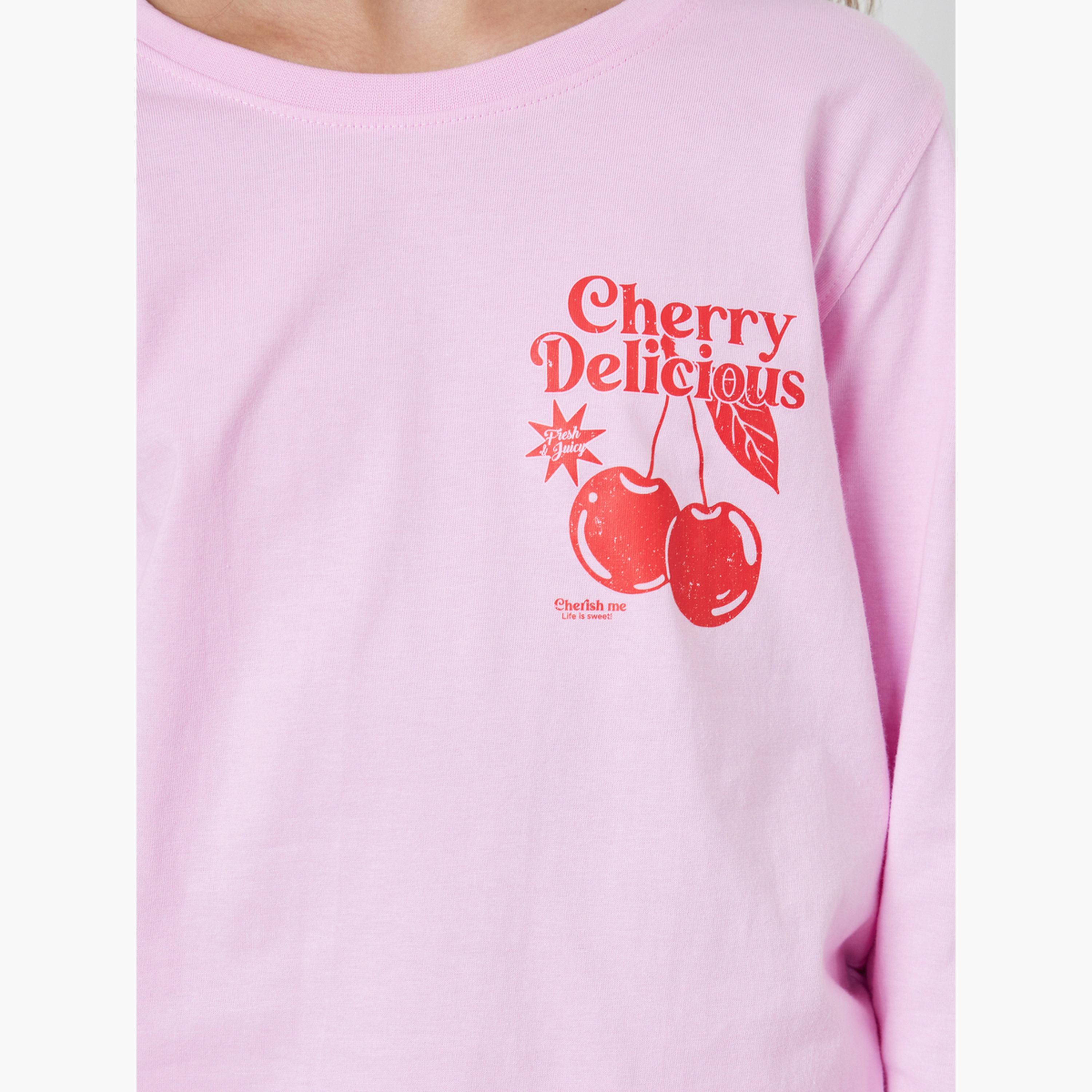 Styli Teen Girls Pink Cotton Cherry Print Wide Leg Pyjama Set-girls-clothing-nightwear-image-6