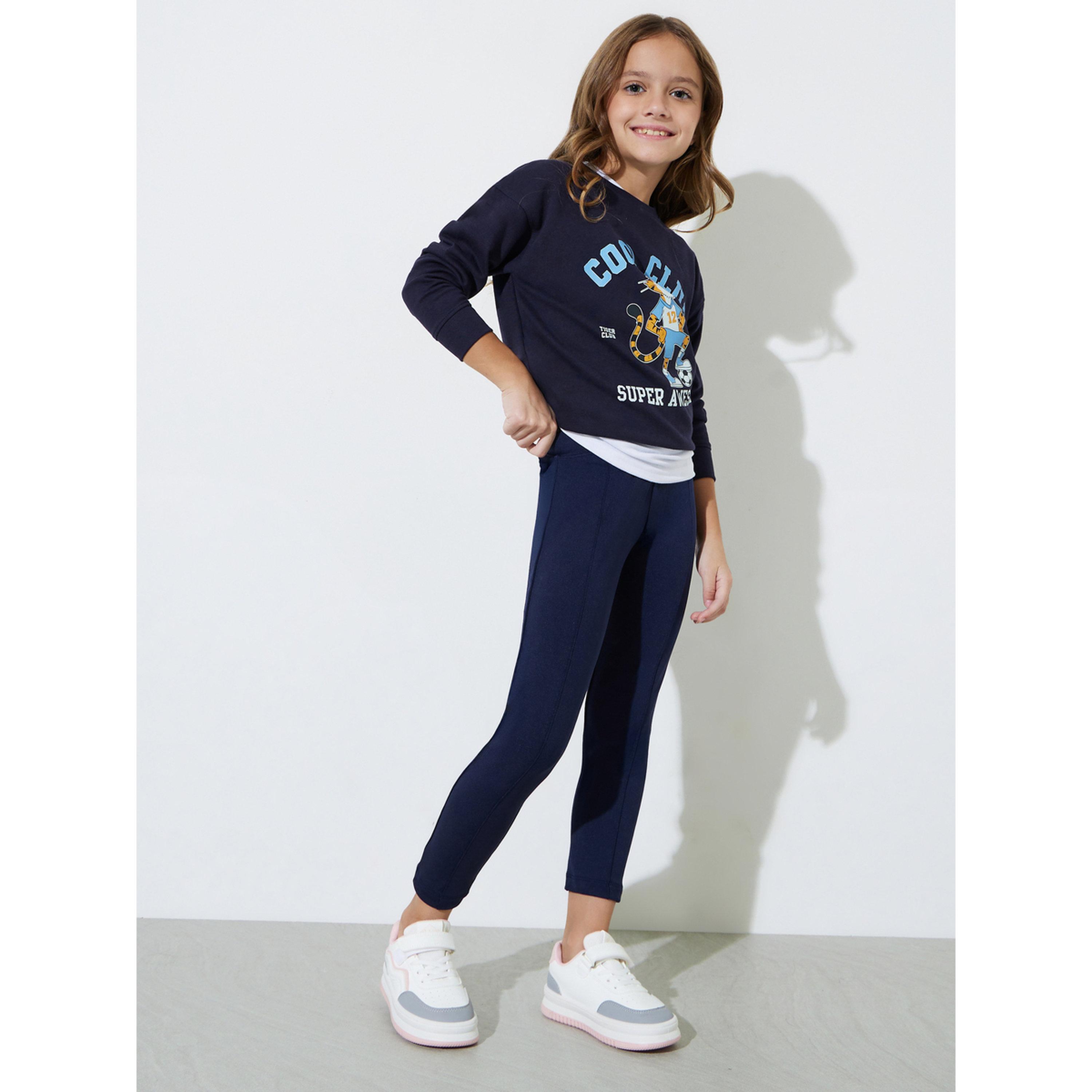 Styli Girls Navy Blue Full Length Leggings-girls-clothing-bottoms-leggings-image-2