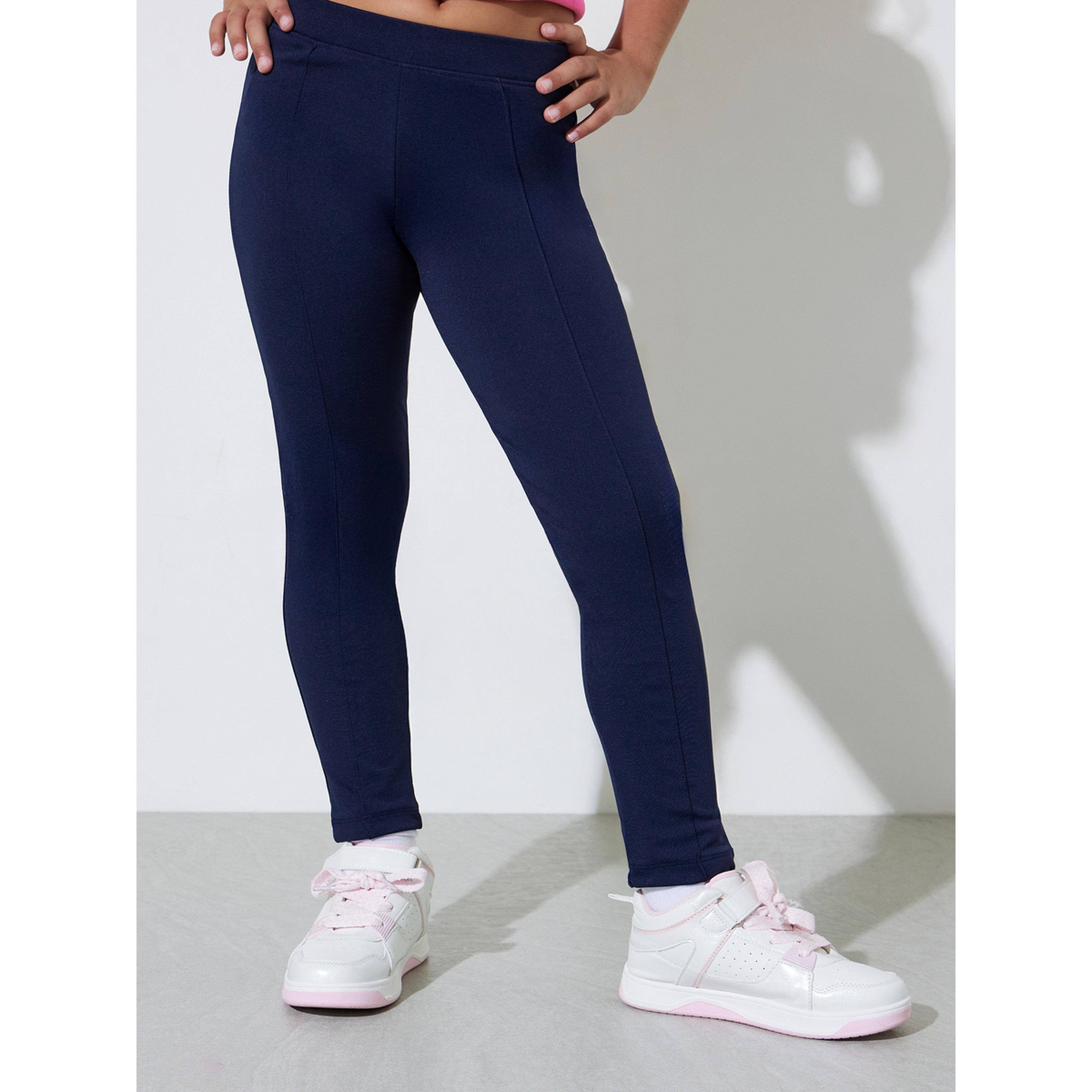 Styli Teen Girls Navy Blue Knitted Full Length Leggings-girls-clothing-bottoms-leggings-image-1