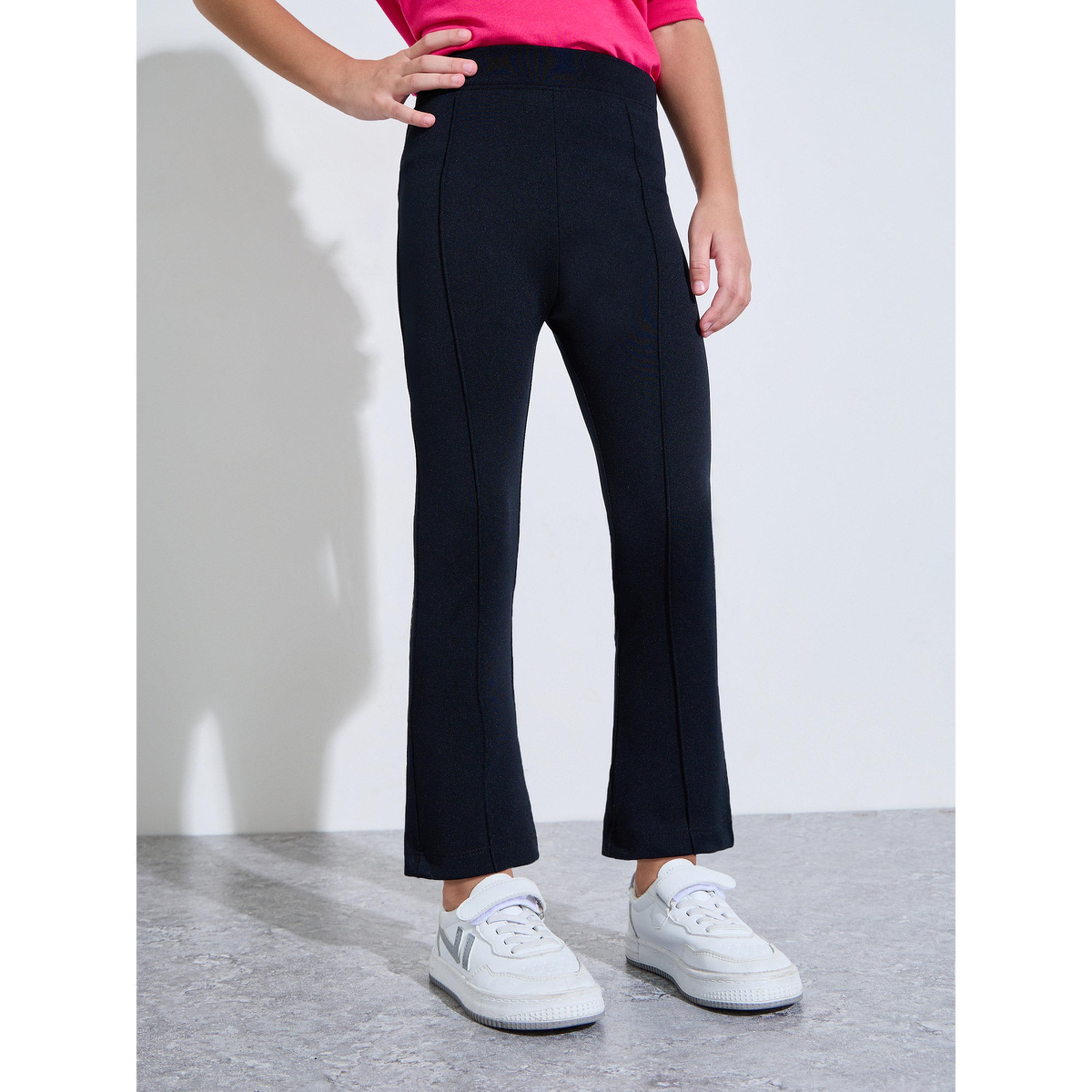 Styli Girls Black Solid Fit and Flared Leggings with Pintuck Detail-girls-clothing-bottoms-leggings-image-1