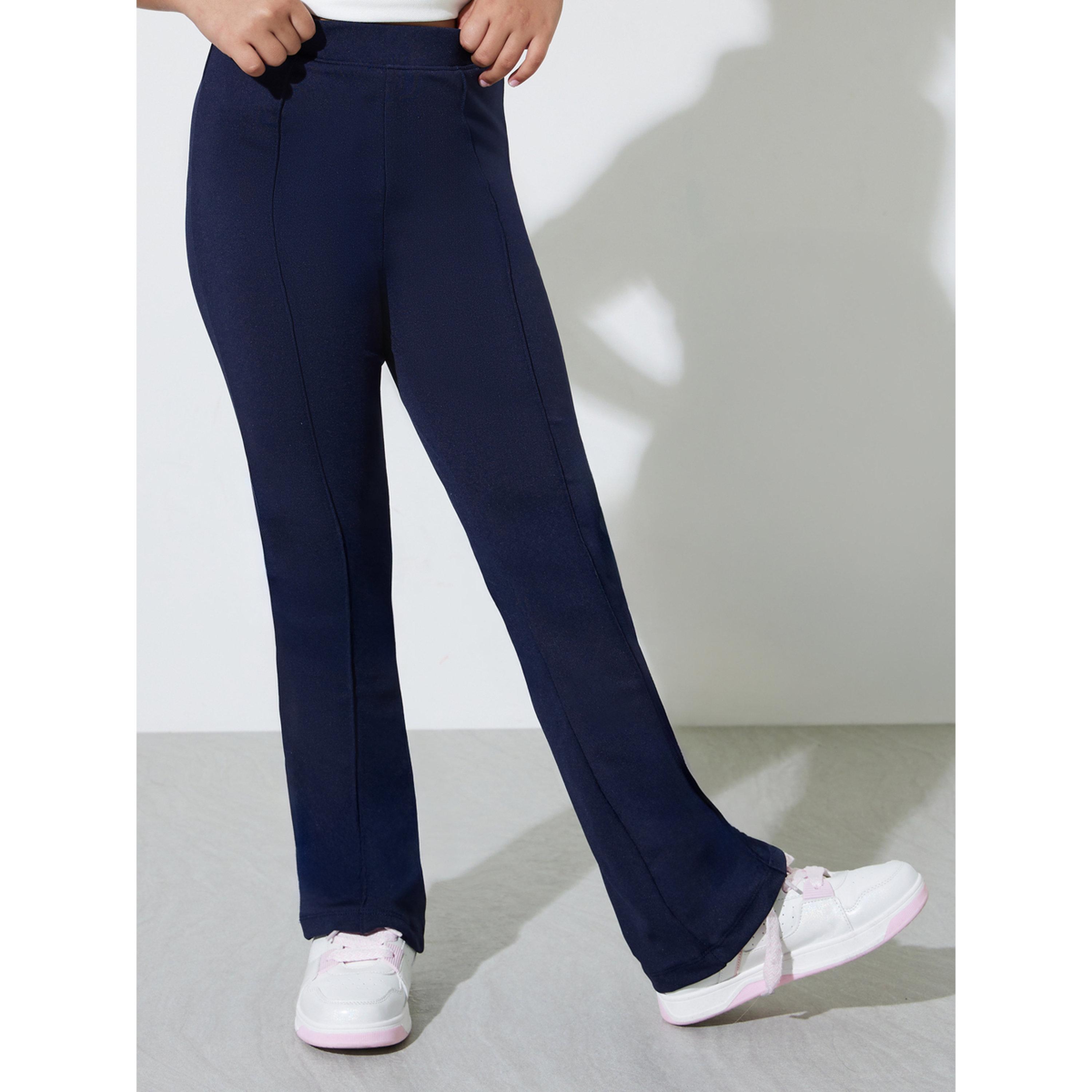 Styli Teen Girls Navy Blue Fit and Flared Leggings with Pin Tucks-girls-clothing-bottoms-leggings-image-1