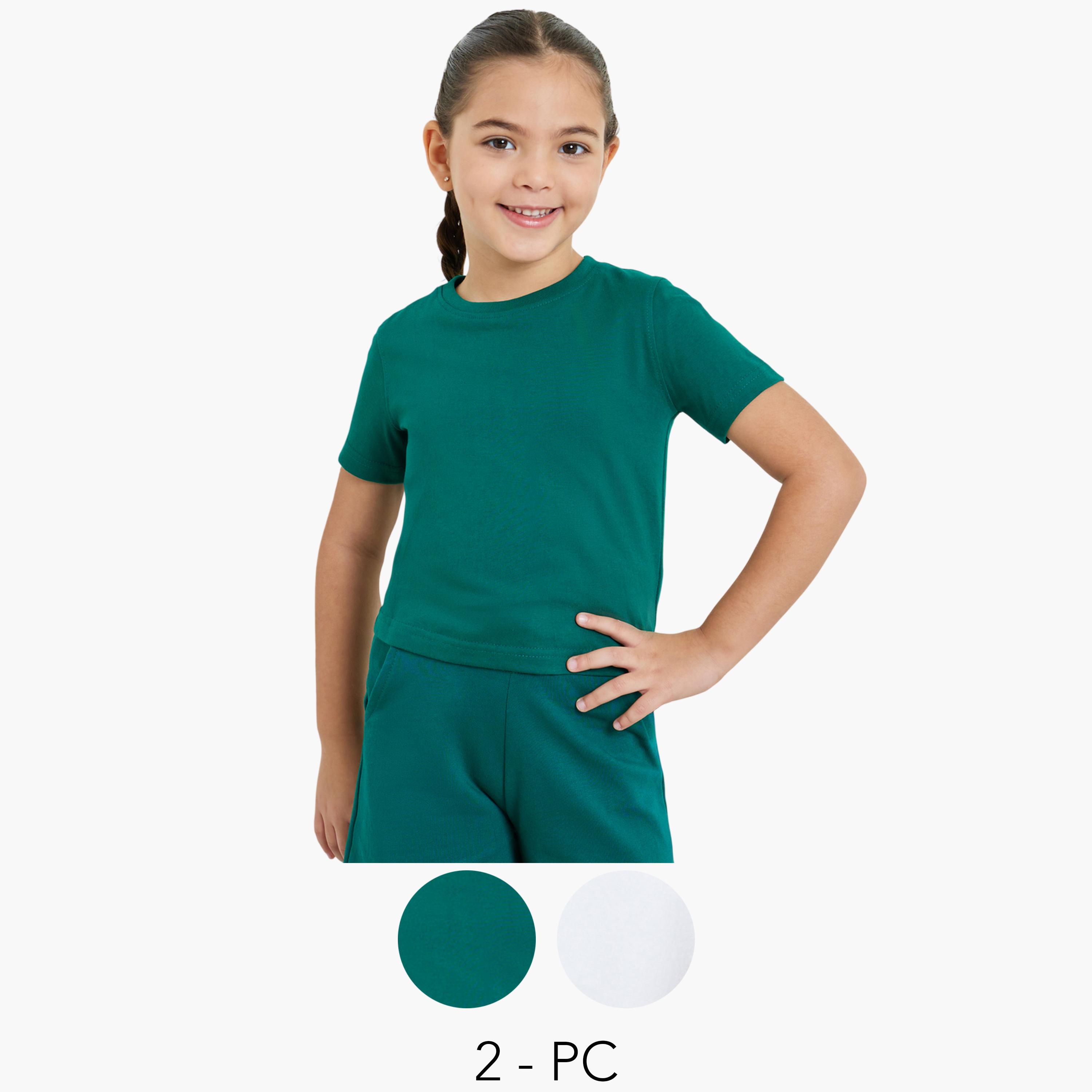ستايلي - عبوة من قطعتين - تيشيرت قطني سادة للأطفال للجنسين-girls-clothing-tshirts-image-1