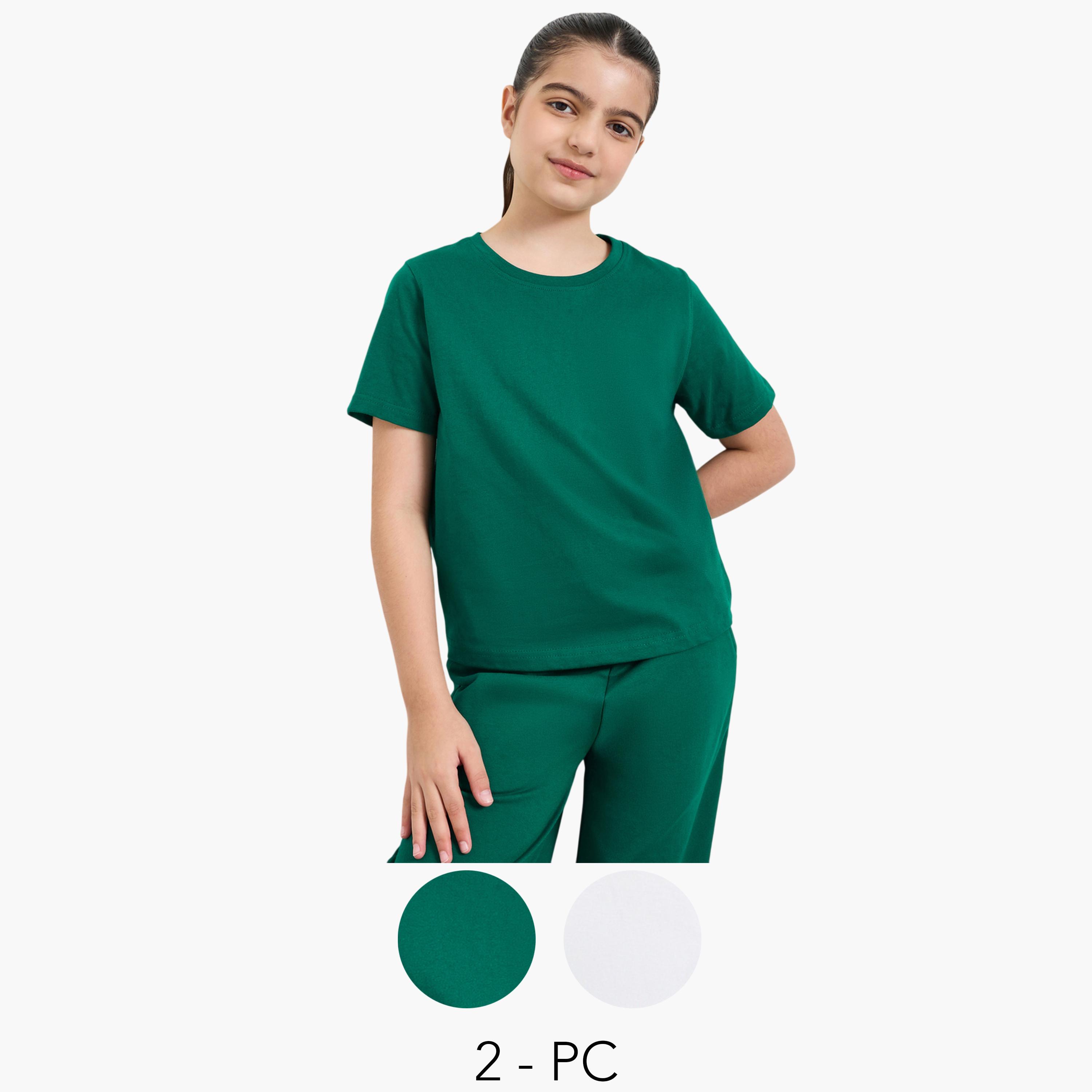 ستايلي - عبوة من قطعتين - تيشيرت قطني سادة للجنسين-girls-clothing-tshirts-image-1