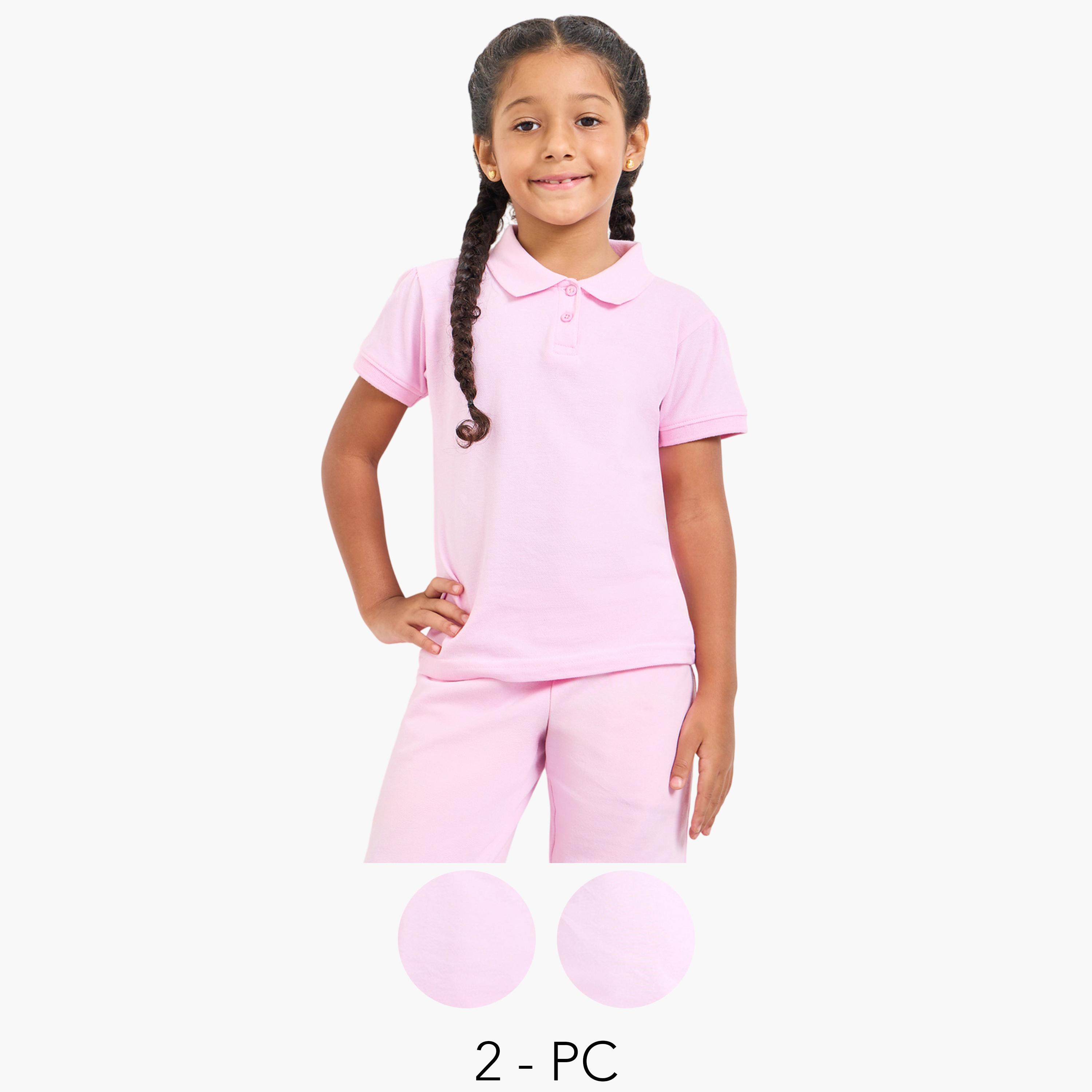 ستايلي - عبوة من قطعتين للبنات - تيشيرت بولو قطني وردي فاتح-girls-clothing-tshirts-image-1