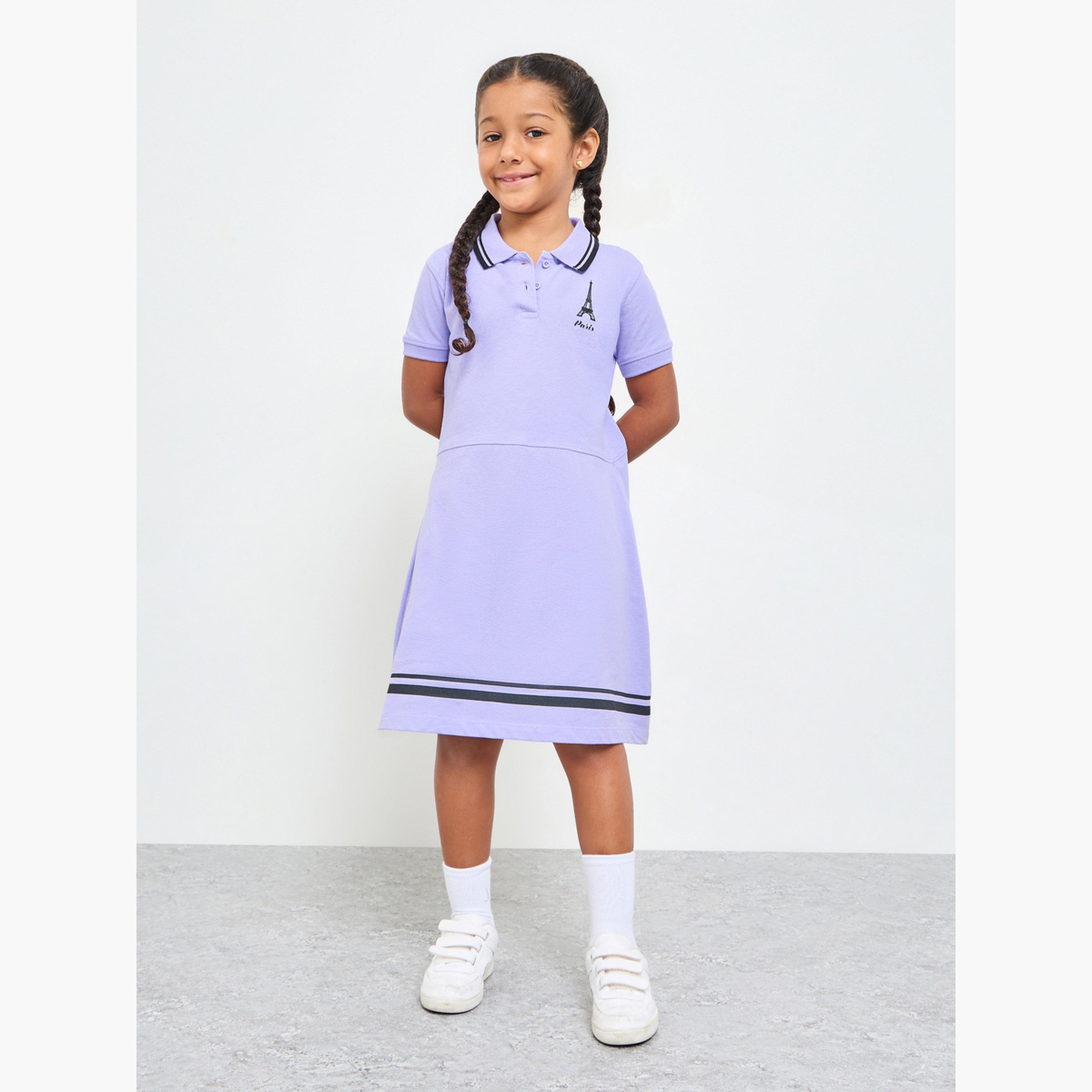 ستايلي - فستان تيشيرت بولو قطني للبنات بحافة مخططة-girls-clothing-dressesandjumpsuits-image-2