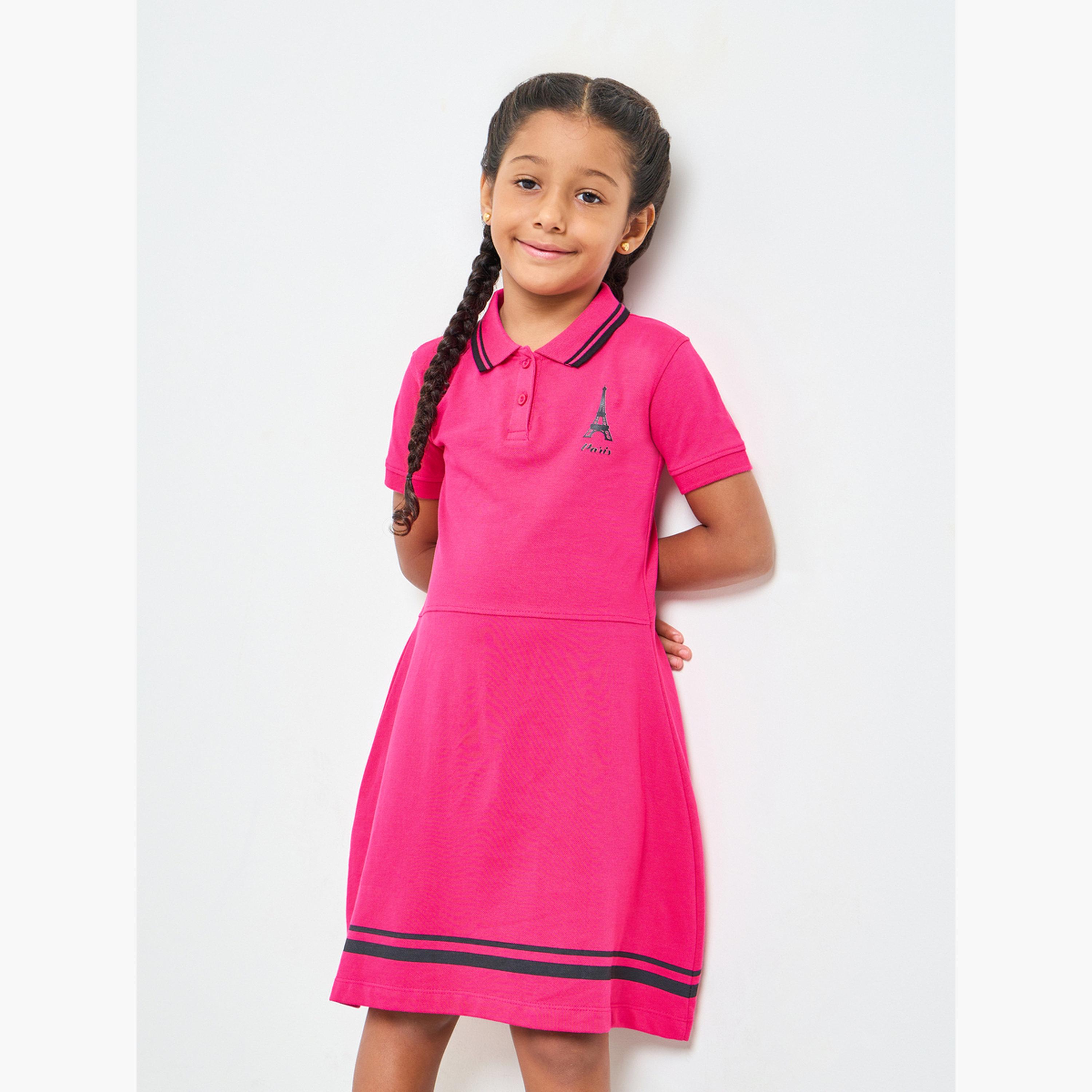 ستايلي - فستان تيشيرت بولو قطني للبنات بحافة مخططة-girls-clothing-dressesandjumpsuits-image-1