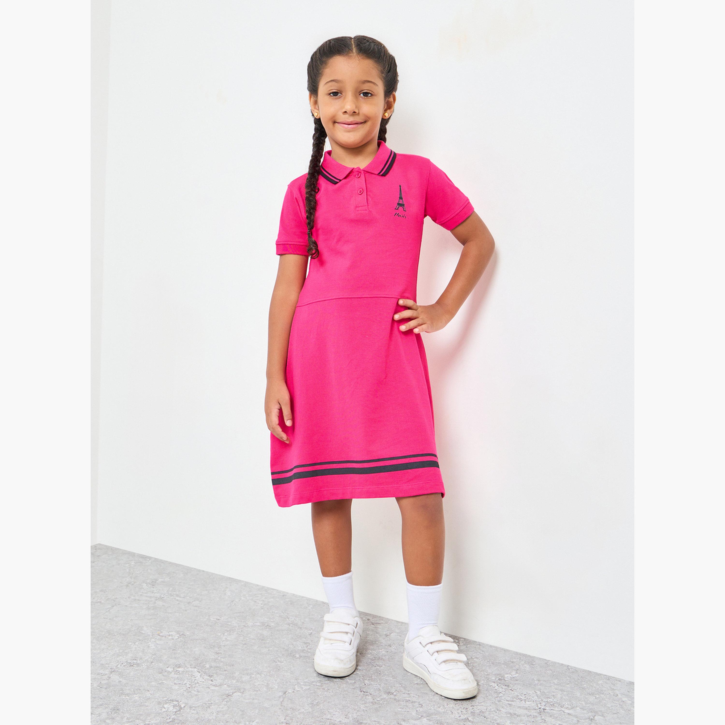ستايلي - فستان تيشيرت بولو قطني للبنات بحافة مخططة-girls-clothing-dressesandjumpsuits-image-2