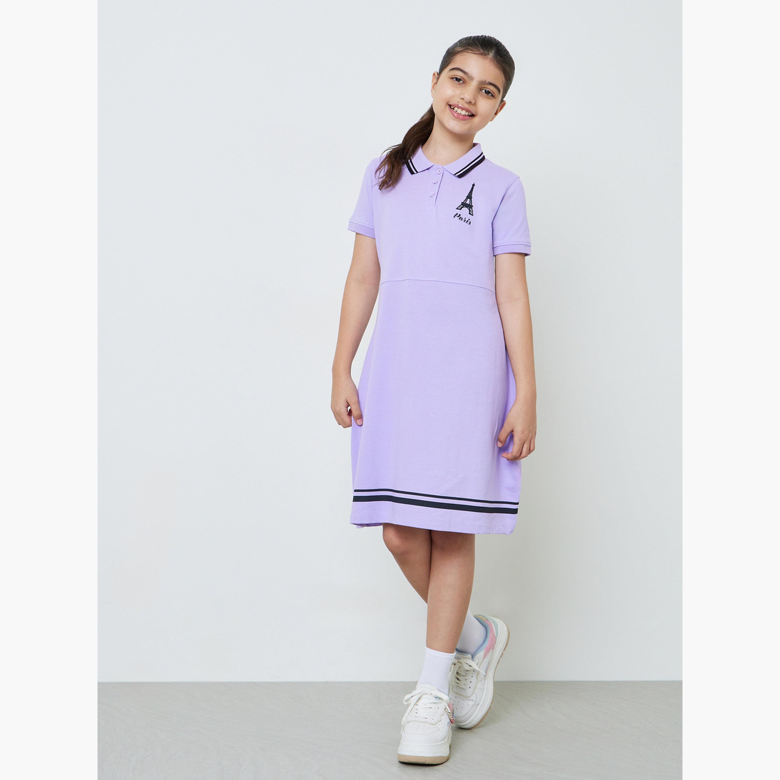 ستايلي - فستان تيشيرت قطني للبنات المراهقات بحافة مخططة-girls-clothing-dressesandjumpsuits-image-2