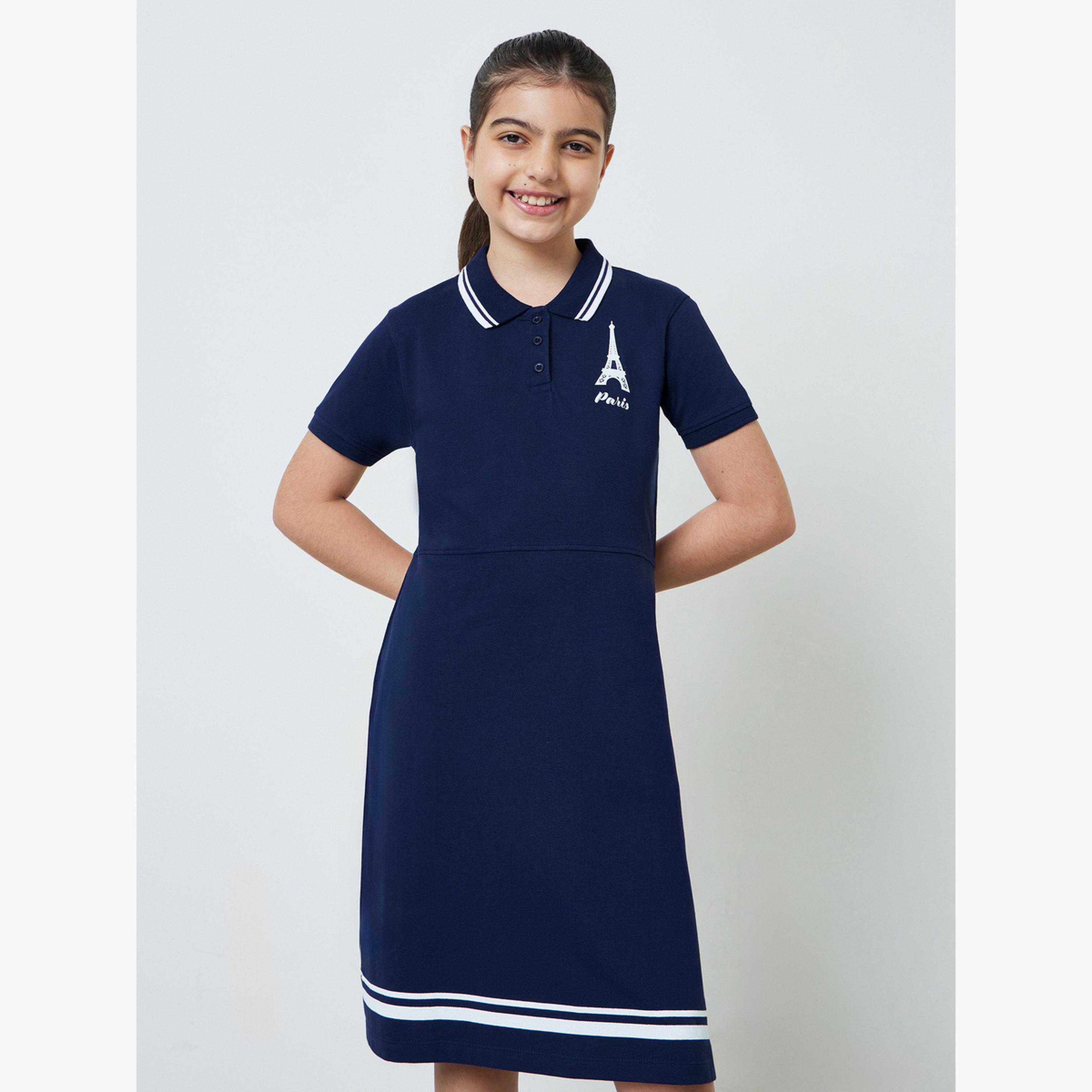 ستايلي - فستان تيشيرت قطني للبنات المراهقات بحافة مخططة-girls-clothing-dressesandjumpsuits-image-1
