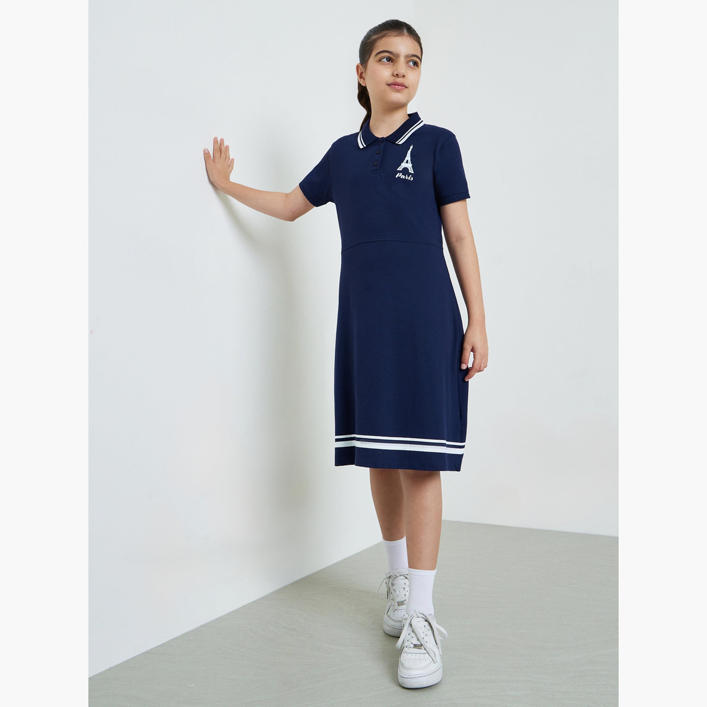 ستايلي - فستان تيشيرت قطني للبنات المراهقات بحافة مخططة-girls-clothing-dressesandjumpsuits-image-2