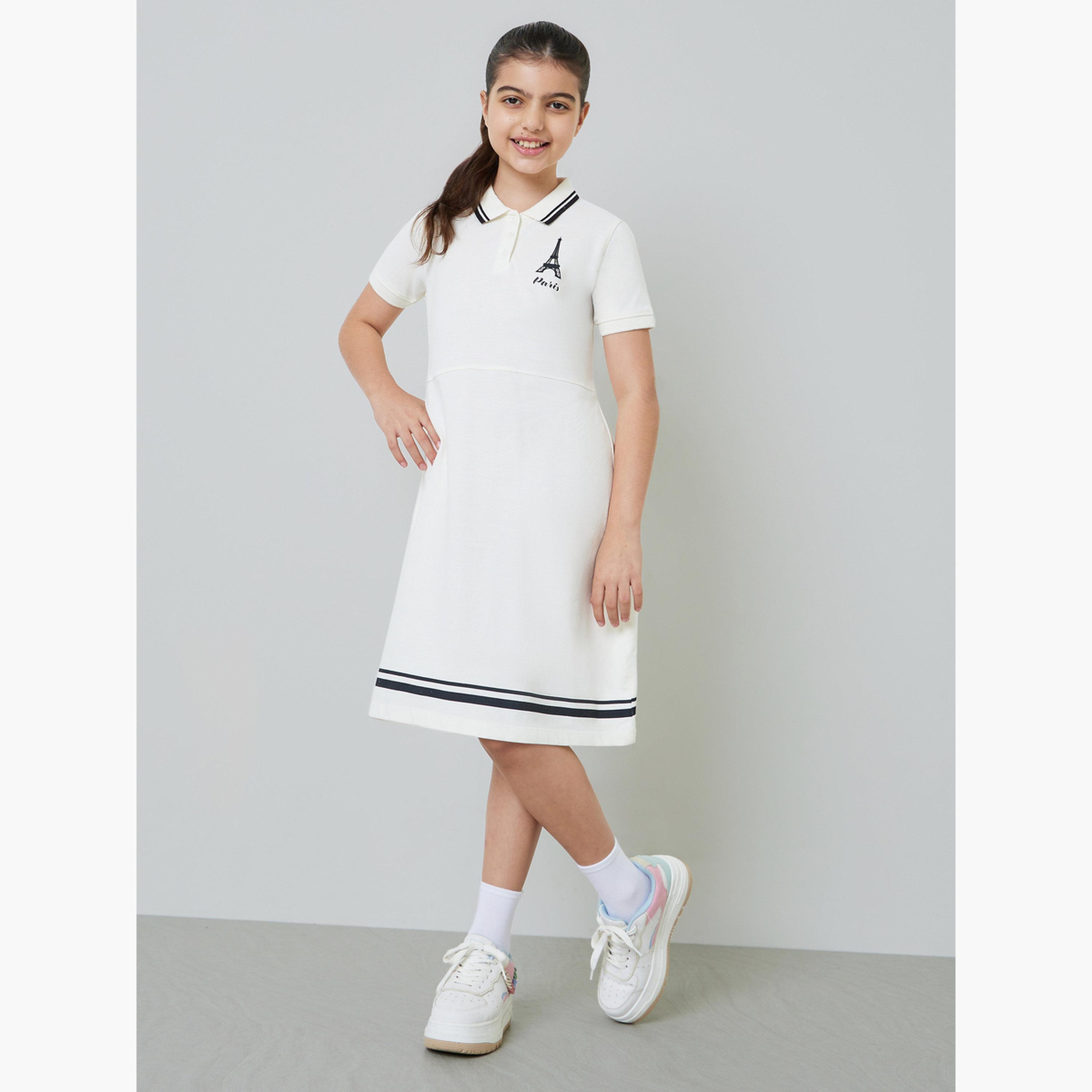 ستايلي - فستان تيشيرت قطني للبنات المراهقات بحافة مخططة-girls-clothing-dressesandjumpsuits-image-2
