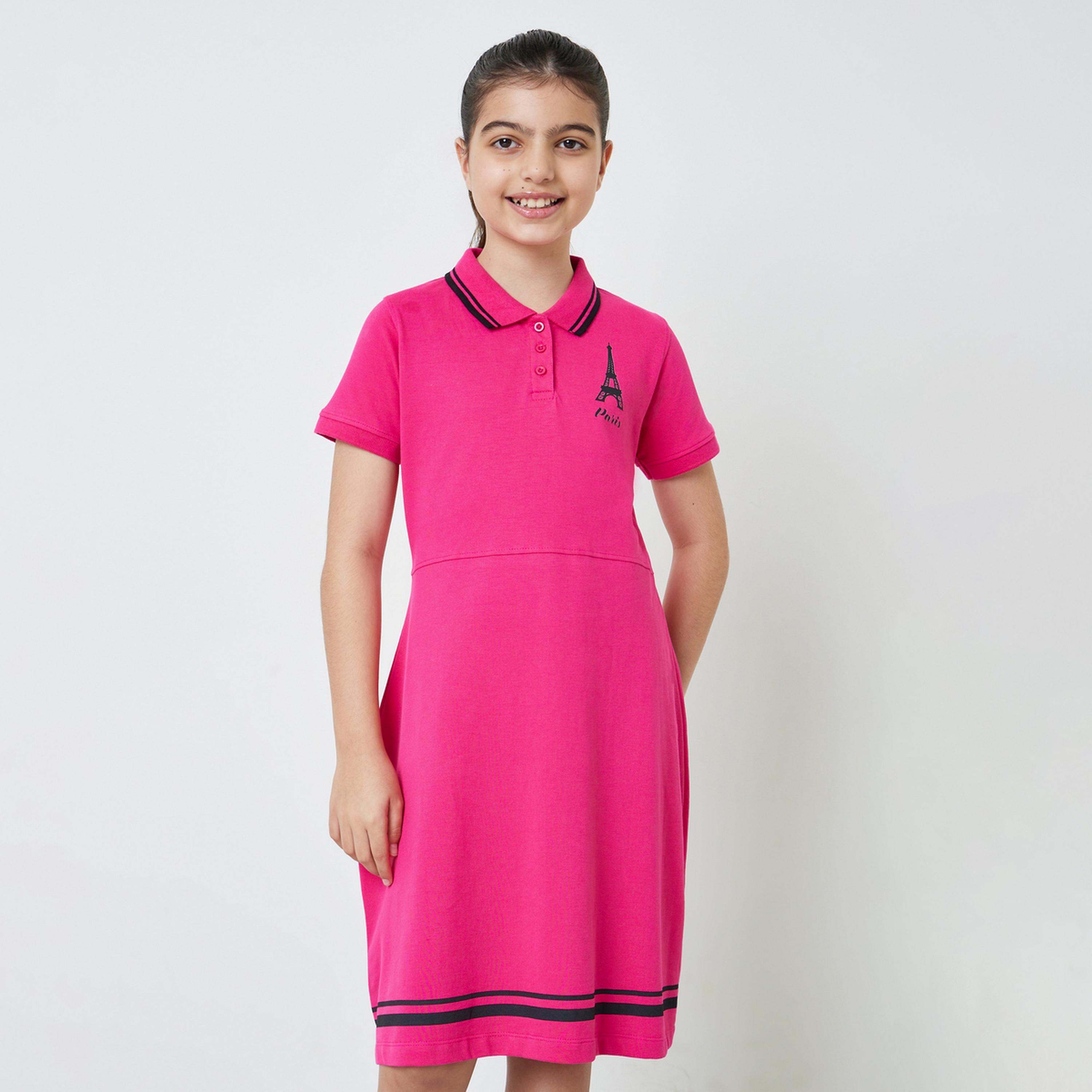 ستايلي - فستان تيشيرت قطني للبنات المراهقات بحافة مخططة-girls-clothing-dressesandjumpsuits-image-1