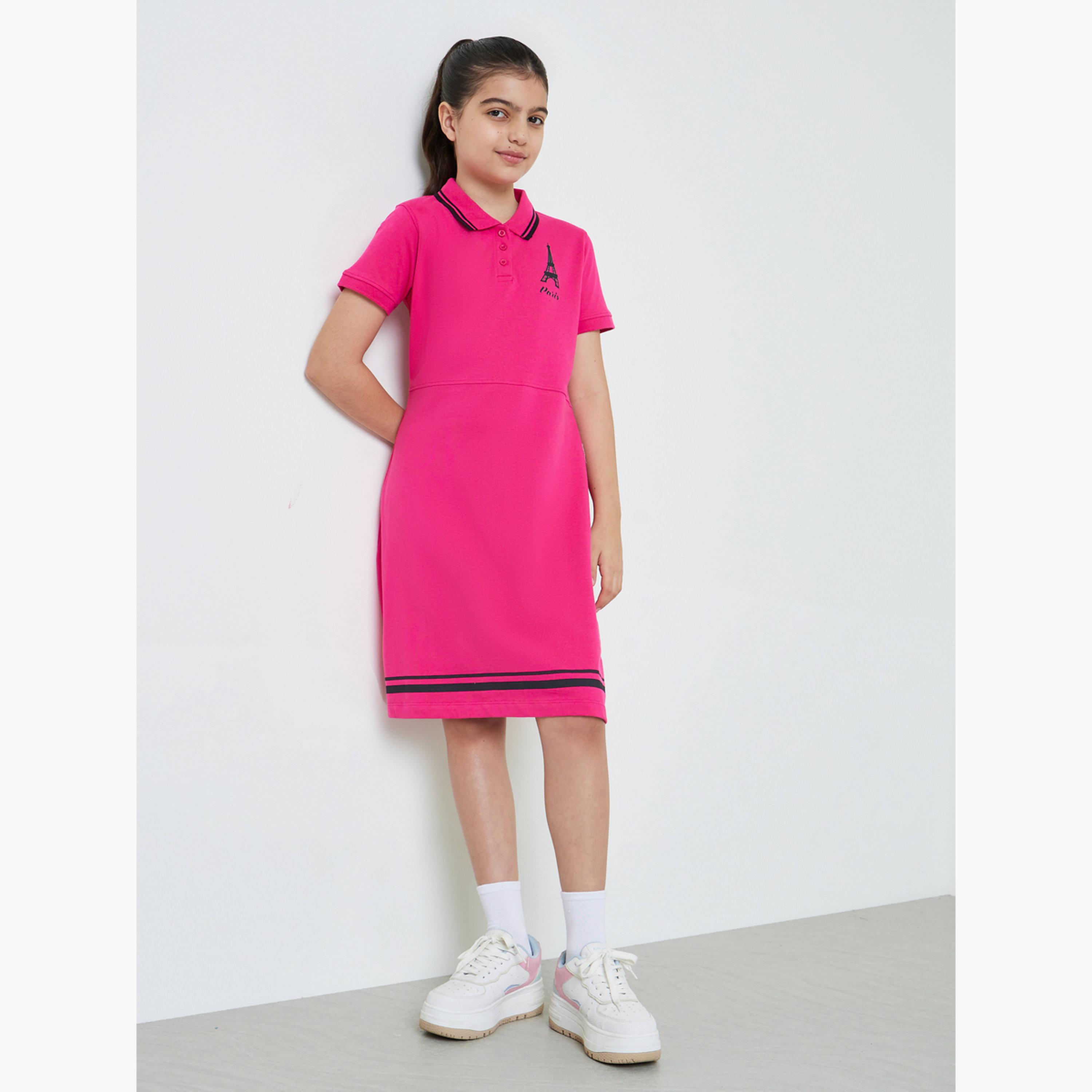 ستايلي - فستان تيشيرت قطني للبنات المراهقات بحافة مخططة-girls-clothing-dressesandjumpsuits-image-2