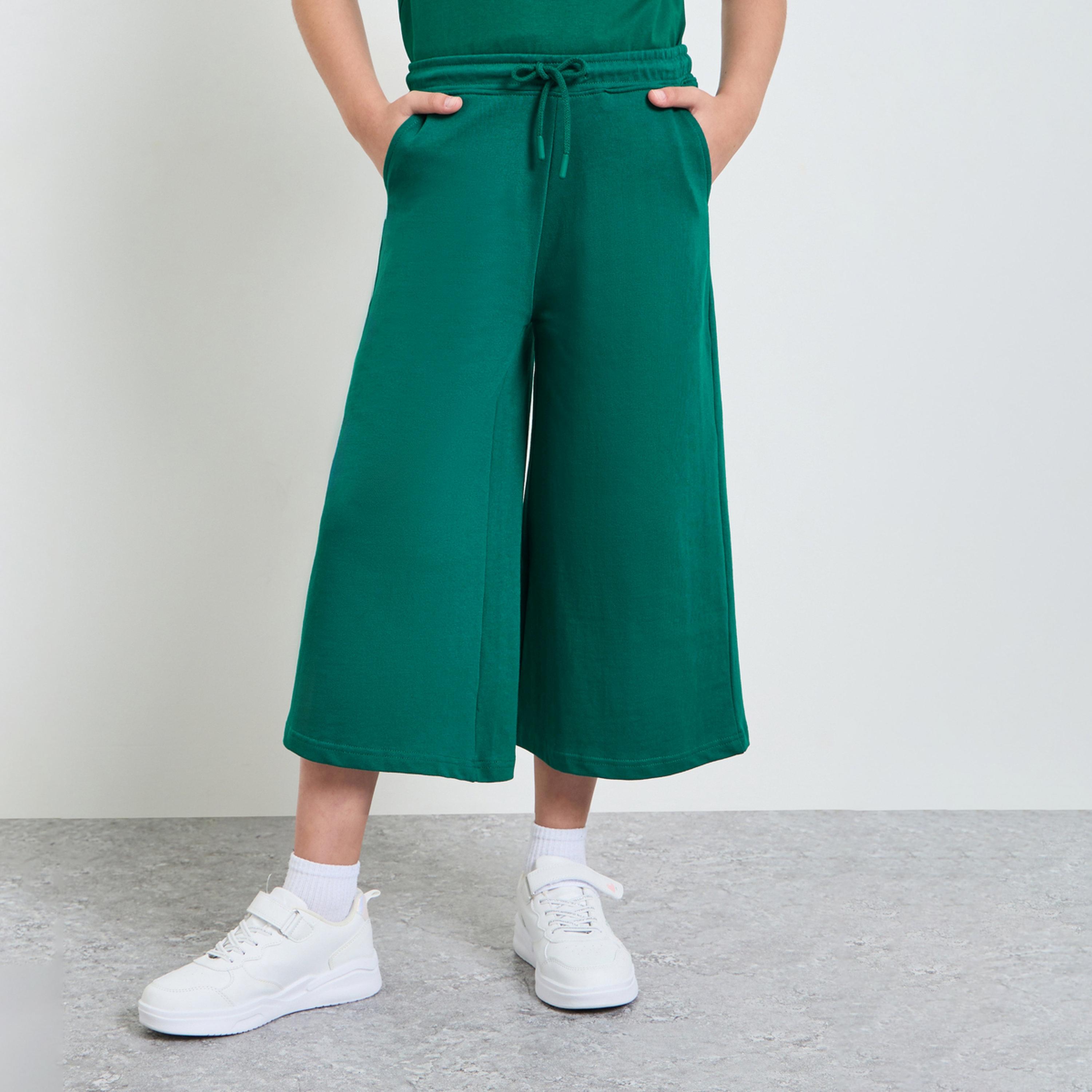 ستايلي - بنطلون رياضي قصير واسع الساقين من القطن الأخضر للفتيات المراهقات-girls-clothing-bottoms-joggersandtrackpants-image-1