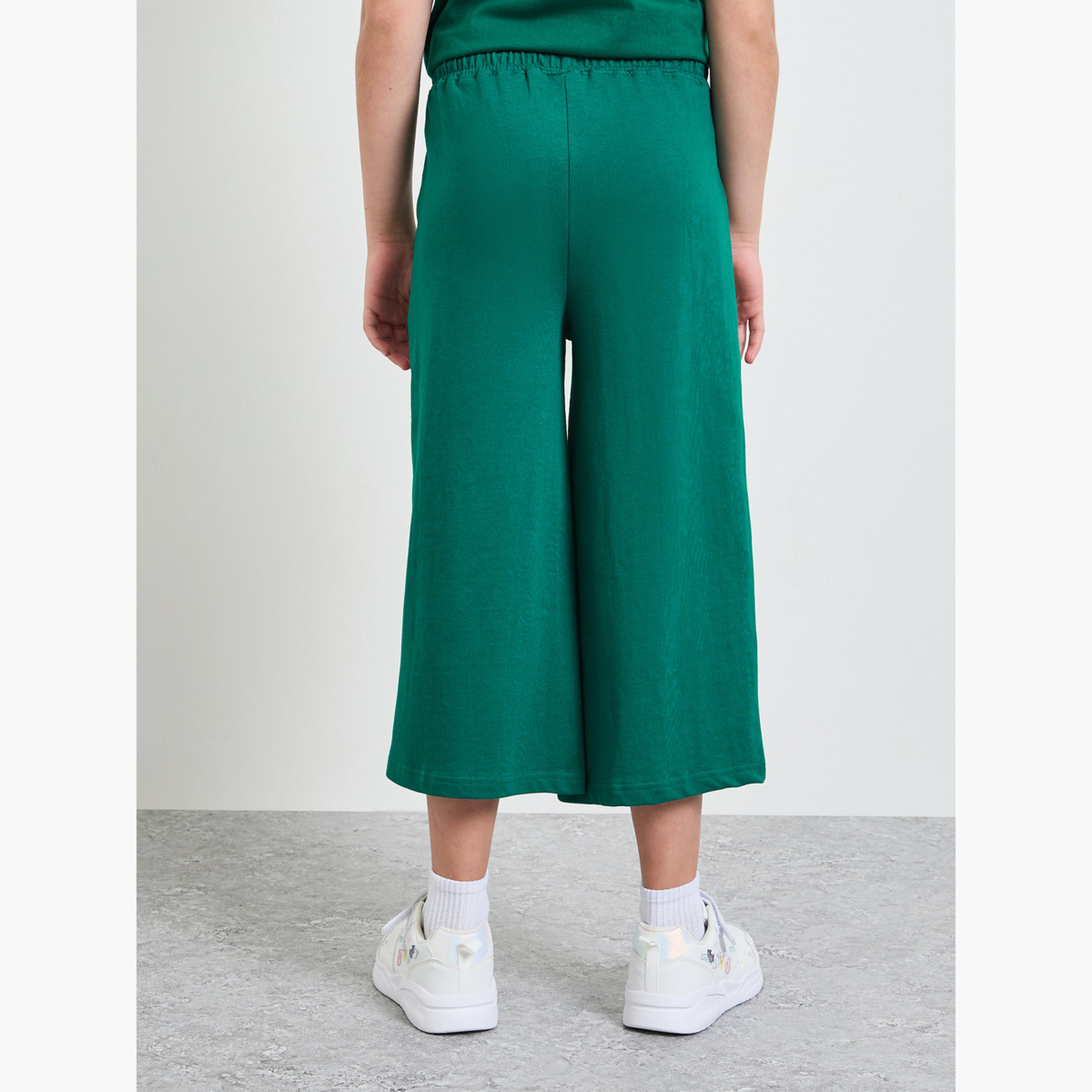Styli Teen Girls Green Cotton Wide Leg Cropped Joggers-girls-clothing-bottoms-joggersandtrackpants-image-4