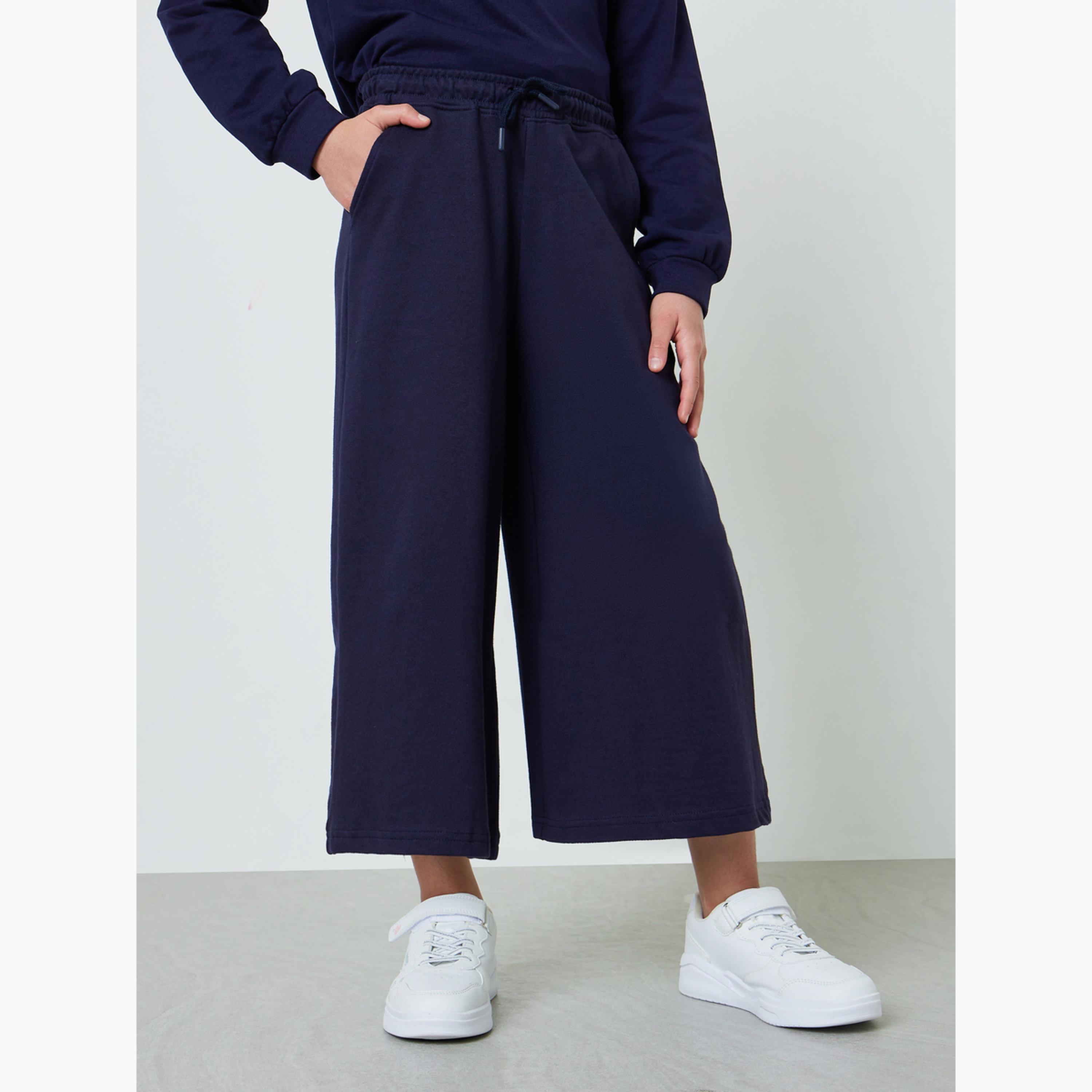 Styli Teen Girls Navy Blue Cotton Wide Leg Cropped Joggers-girls-clothing-bottoms-joggersandtrackpants-image-1