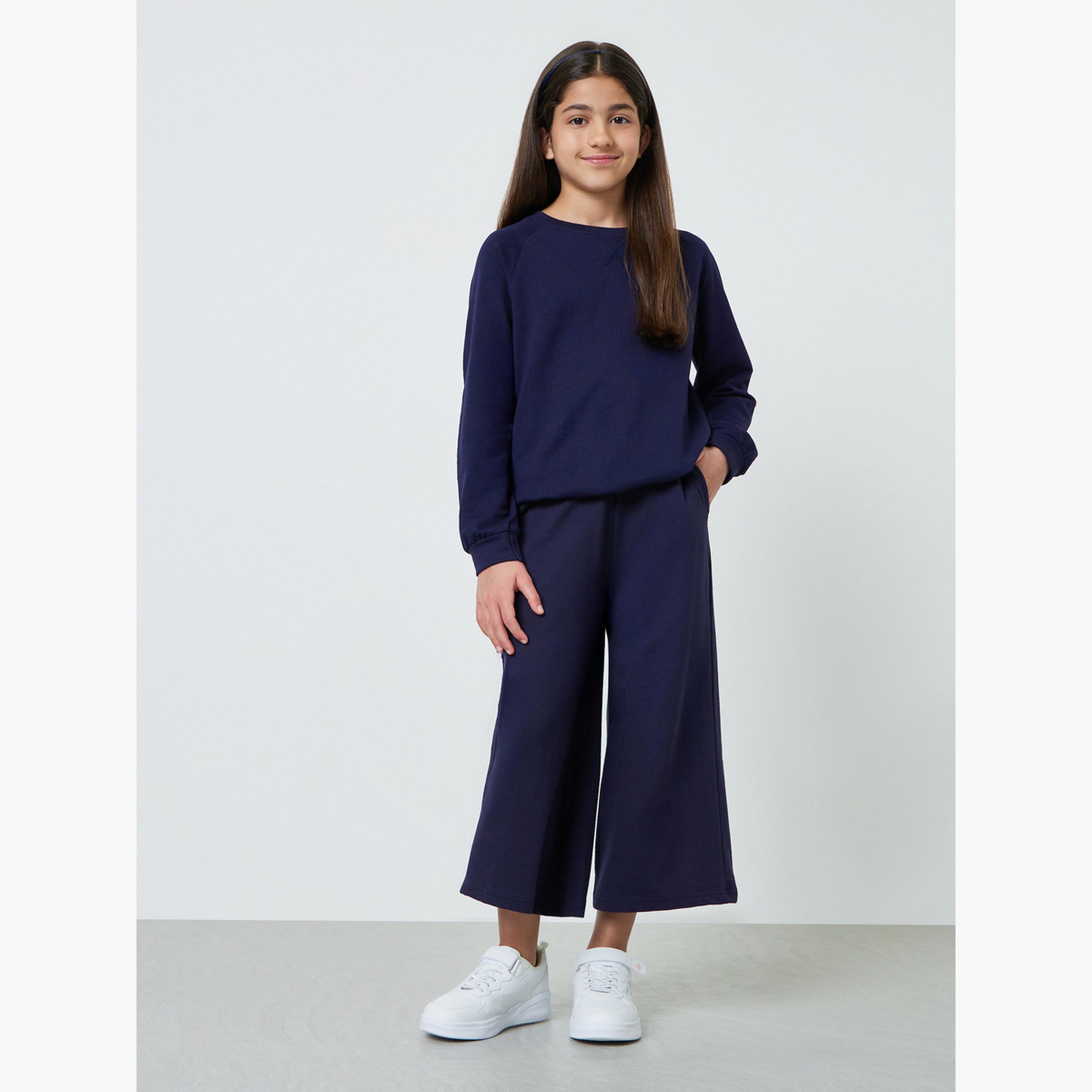 Styli Teen Girls Navy Blue Cotton Wide Leg Cropped Joggers-girls-clothing-bottoms-joggersandtrackpants-image-2