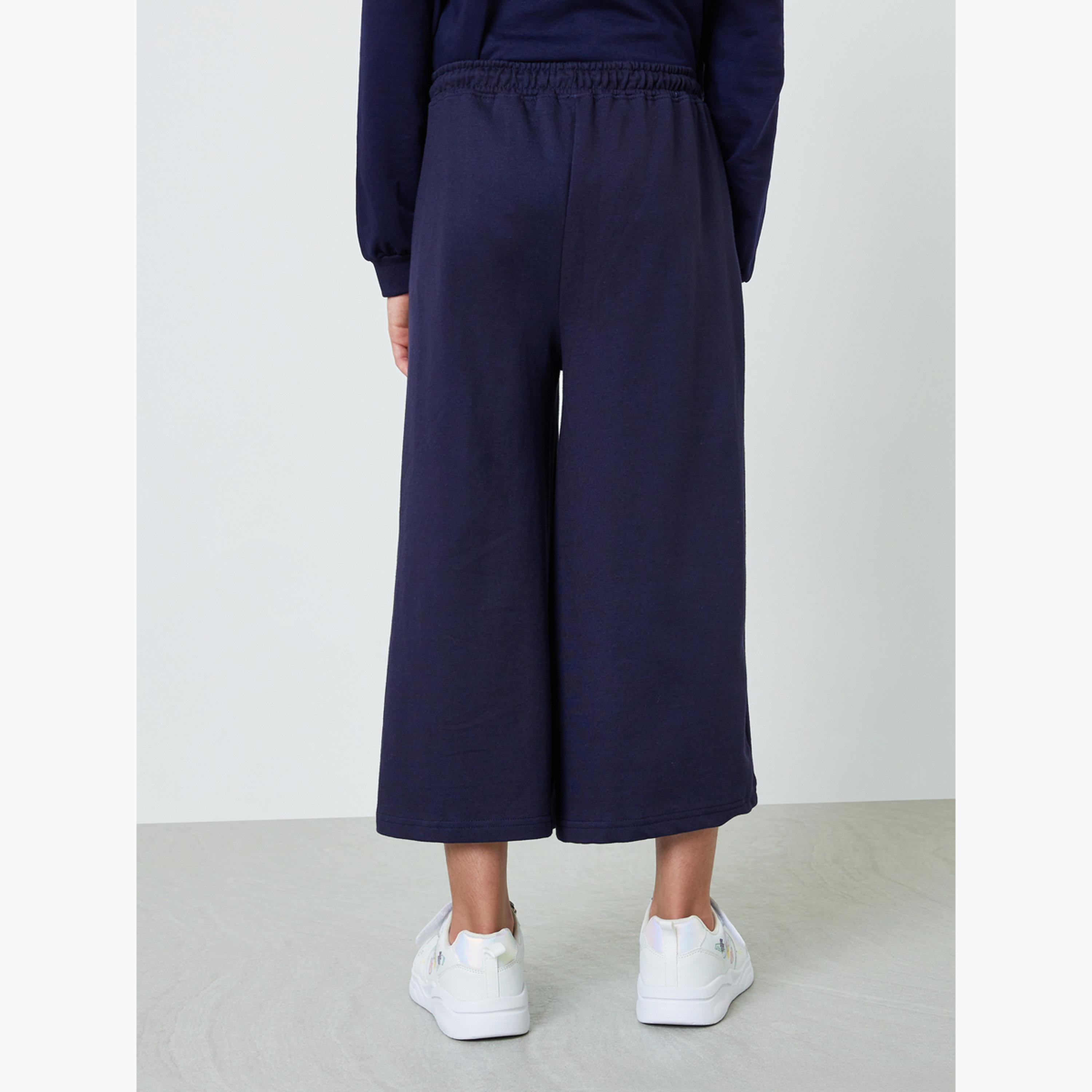 Styli Teen Girls Navy Blue Cotton Wide Leg Cropped Joggers-girls-clothing-bottoms-joggersandtrackpants-image-4