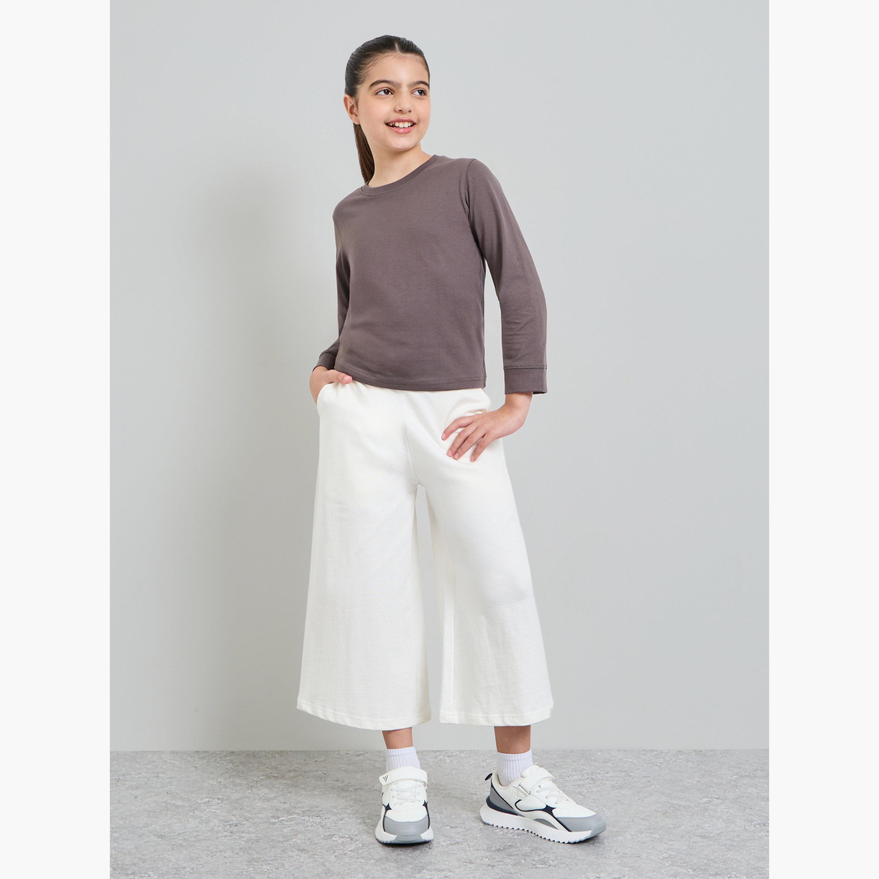 Styli Teen Girls Off White Cotton Wide Leg Cropped Joggers-girls-clothing-bottoms-joggersandtrackpants-image-2