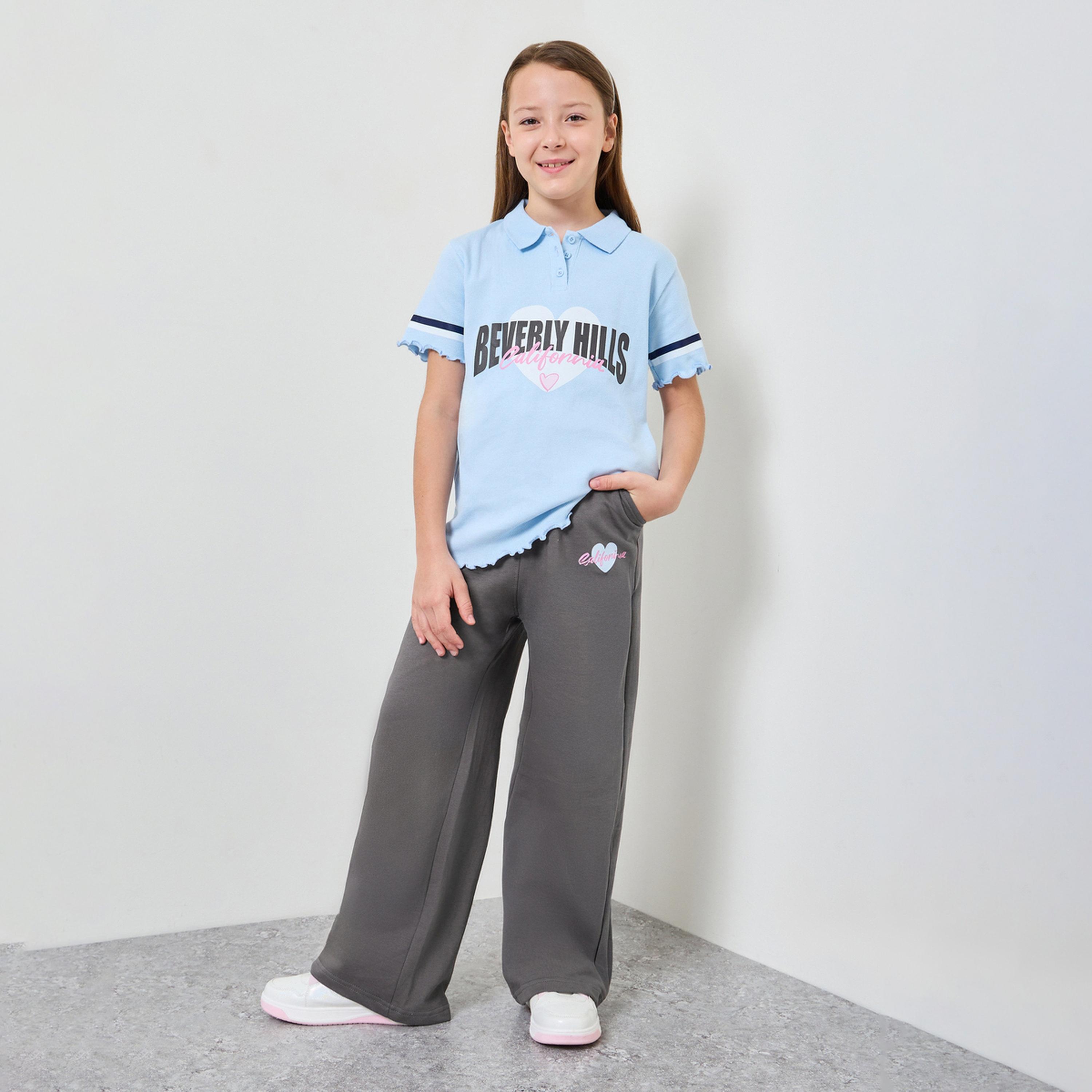 طقم من جوغر وتيشيرت بولو مطبع بتفاصيل مضلعة للبنات-girls-clothing-setsandcoords-image-1