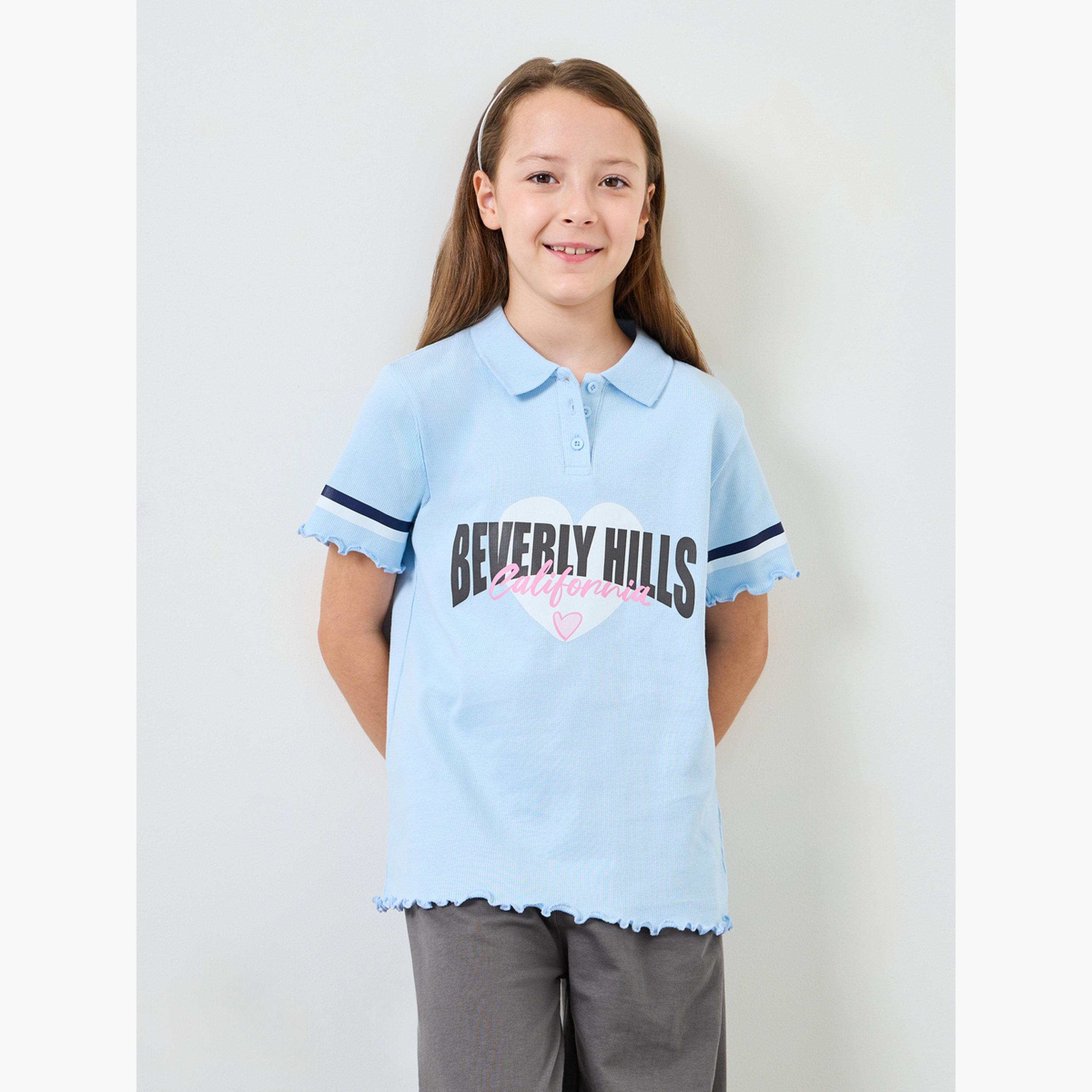 طقم من جوغر وتيشيرت بولو مطبع بتفاصيل مضلعة للبنات-girls-clothing-setsandcoords-image-2