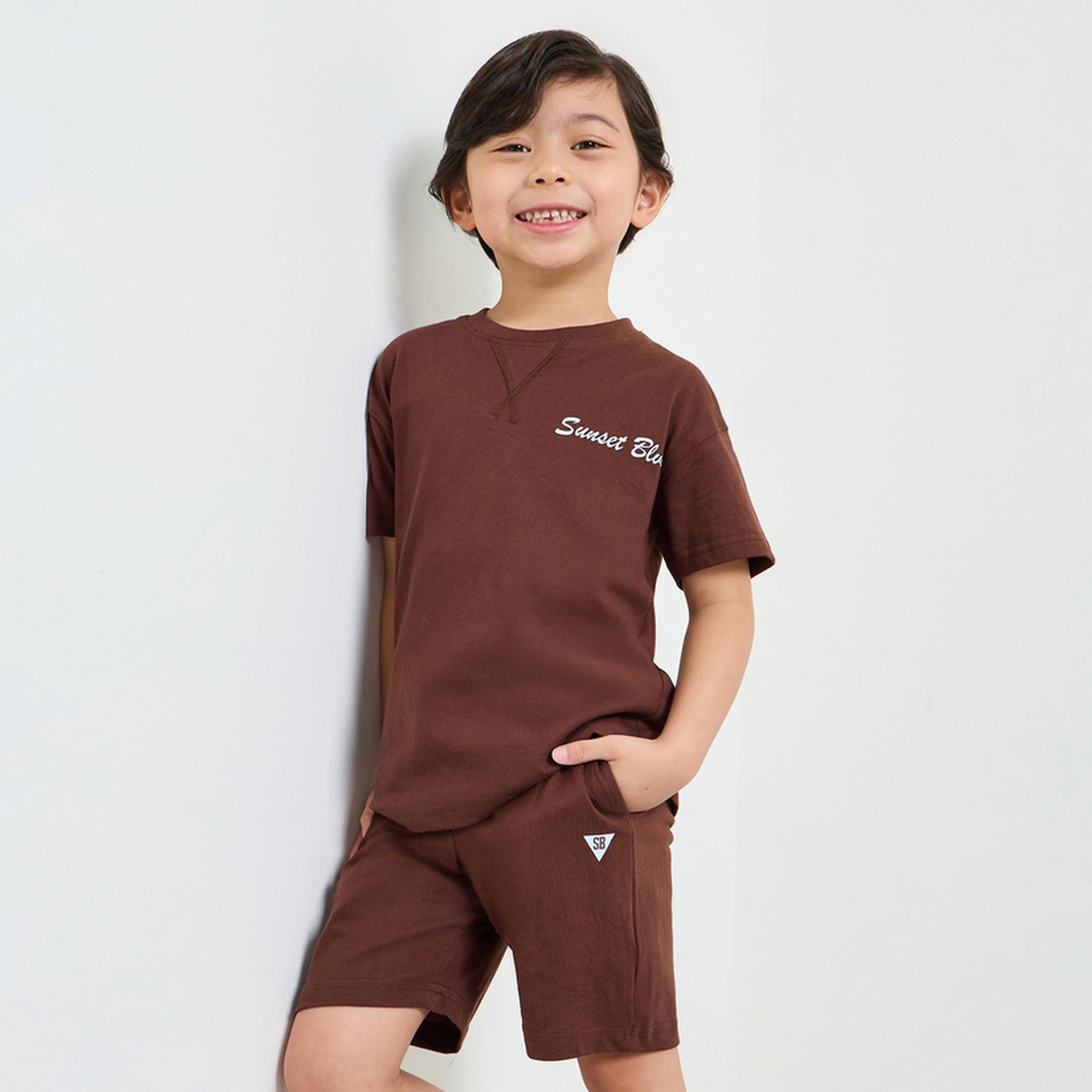 Styli Boys Brown Rib Neck Oversized T-Shirt and Shorts Set-boys-clothing-setsandcoords-image-1