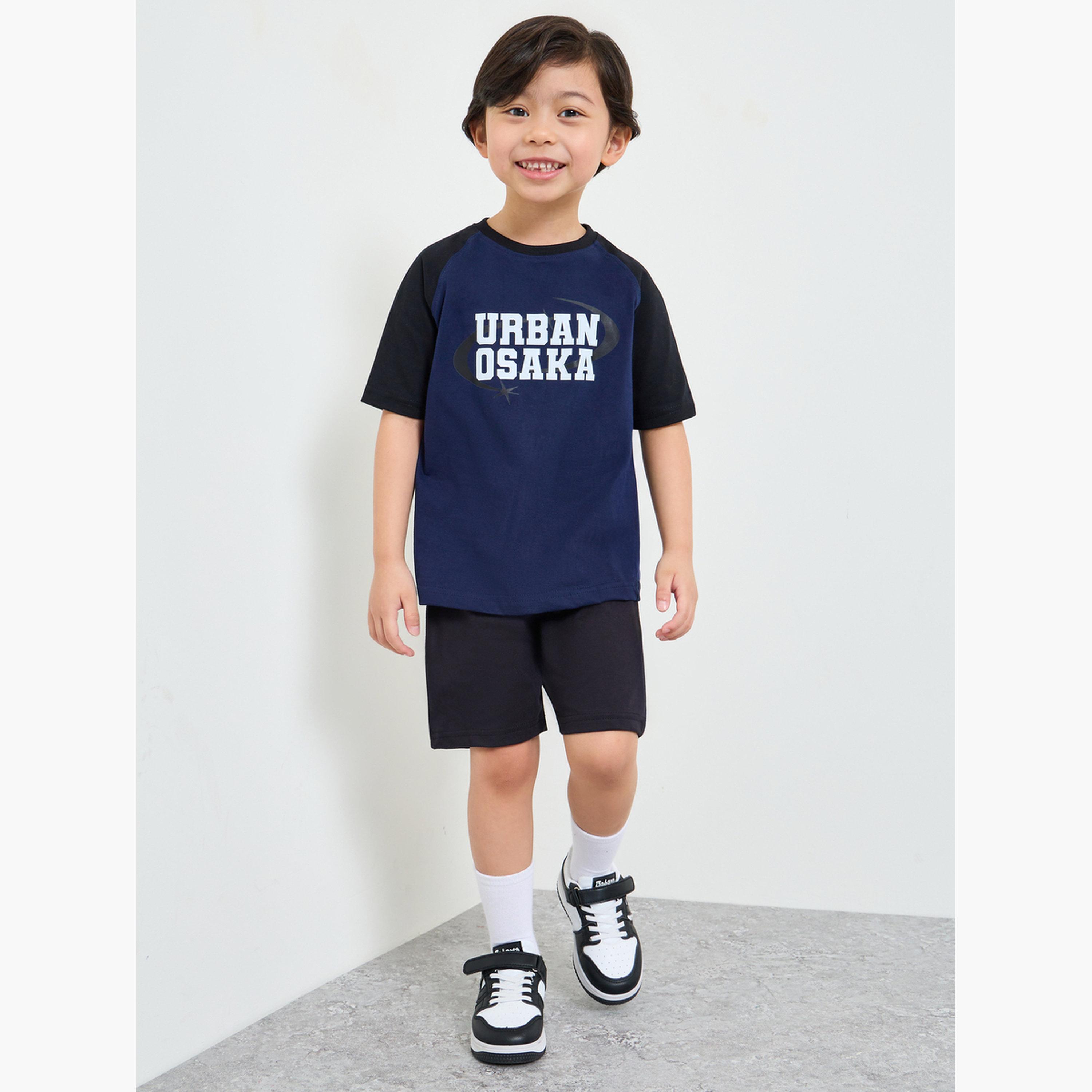 Styli Boys Dark Blue Printed Raglan Sleeve T-Shirt and Shorts Set-boys-clothing-setsandcoords-image-2