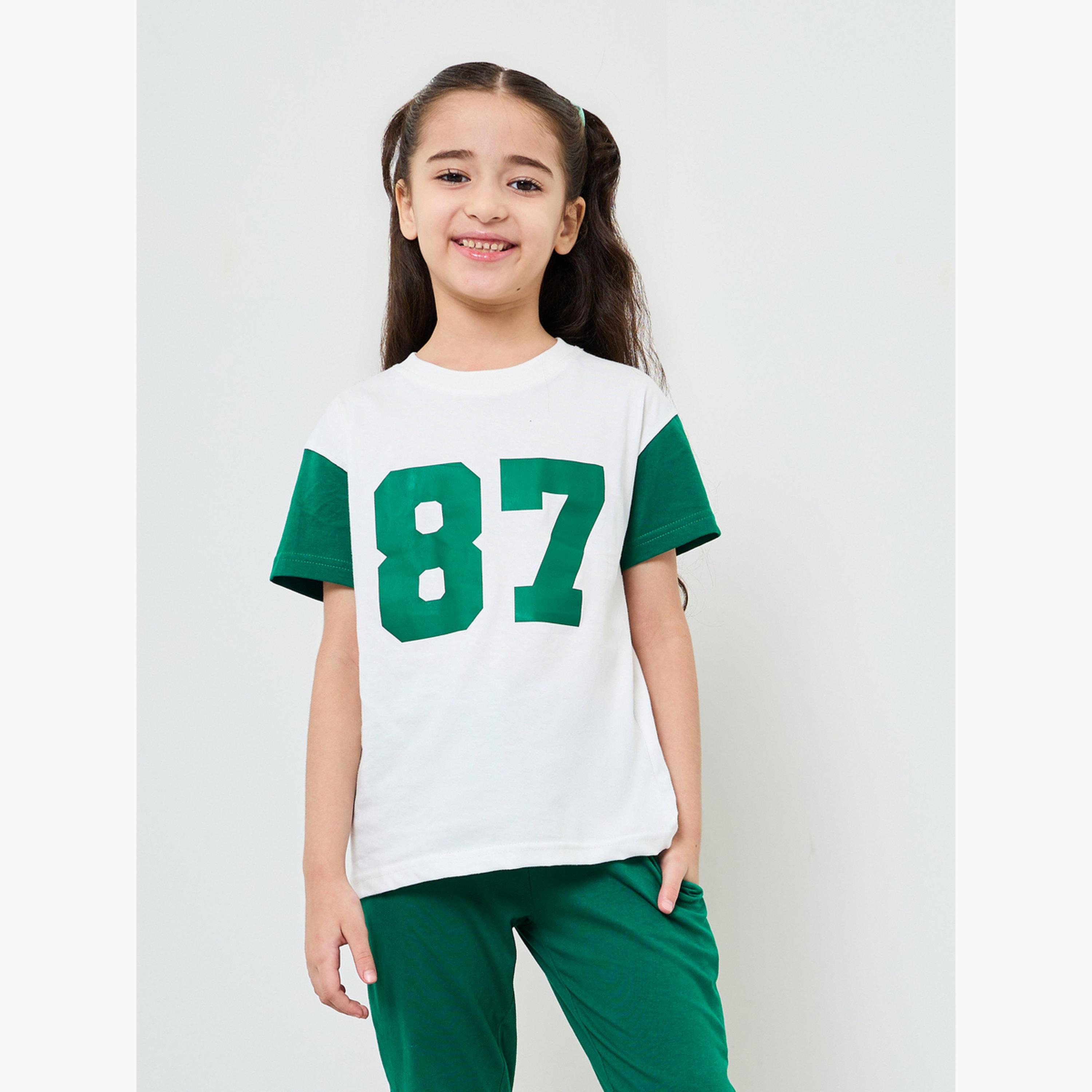ستايلي - طقم تيشيرت وبنطال رياضي قطني مطبوع عليه أرقام للبنات-girls-clothing-setsandcoords-image-2